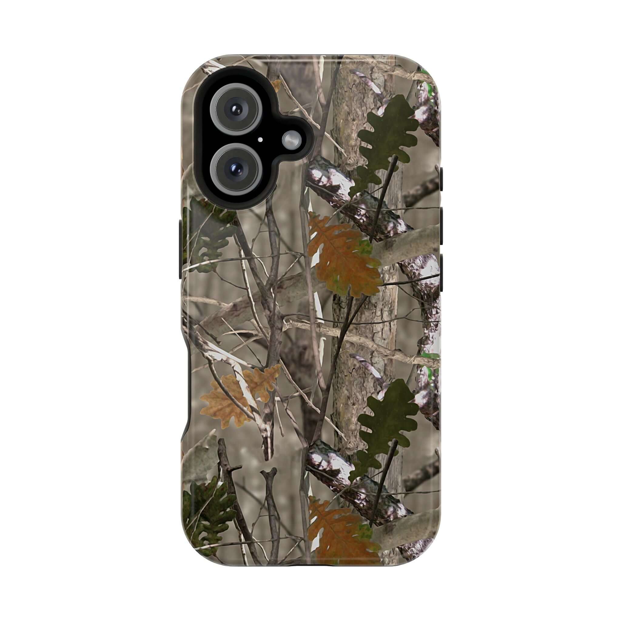 Forest camo phone case with animal print, compatible with MagSafe, offering stylish protection for modern iPhone users.