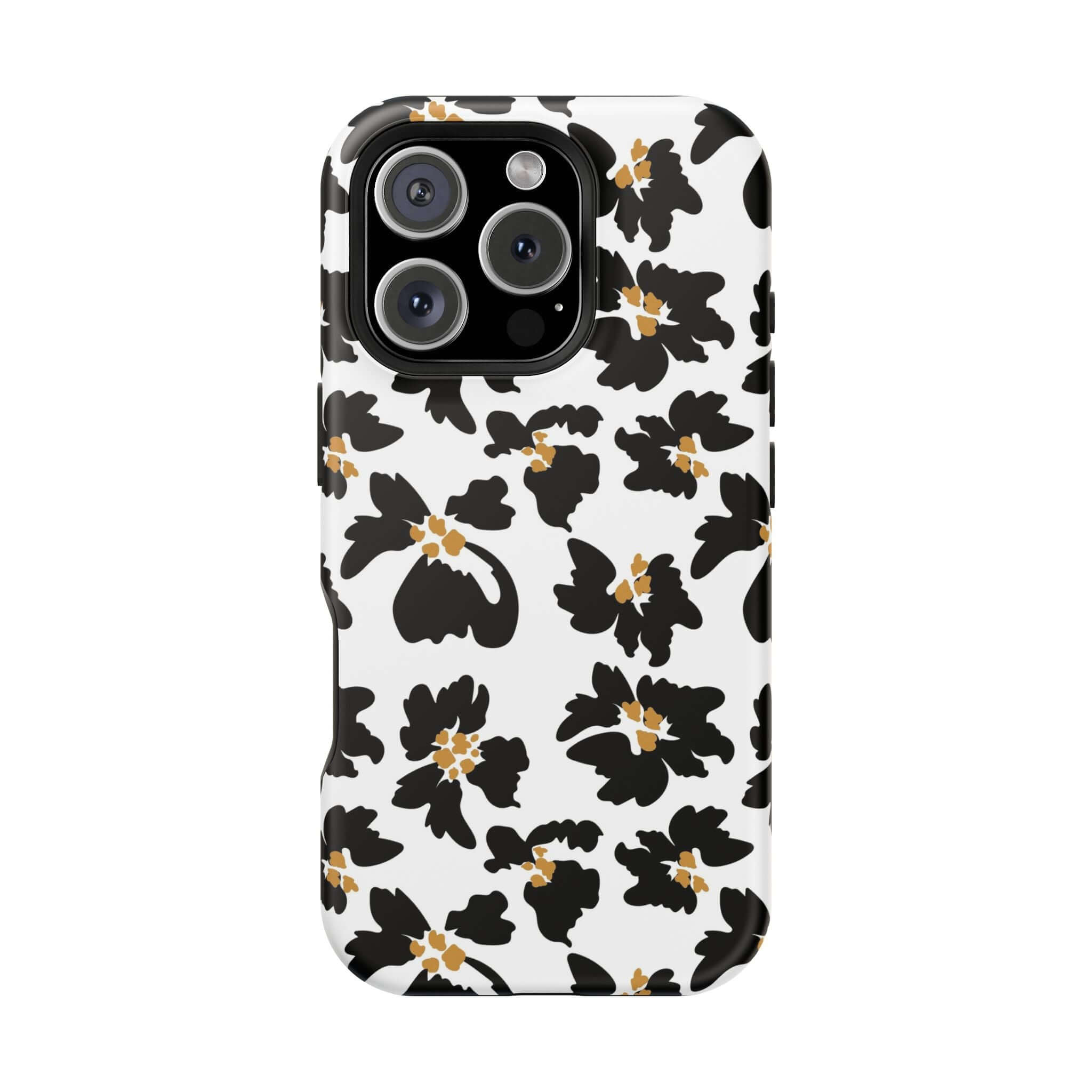 Modern Noir Flora black floral phone case with cute animal print, protective MagSafe design for fashion-forward iPhone users.