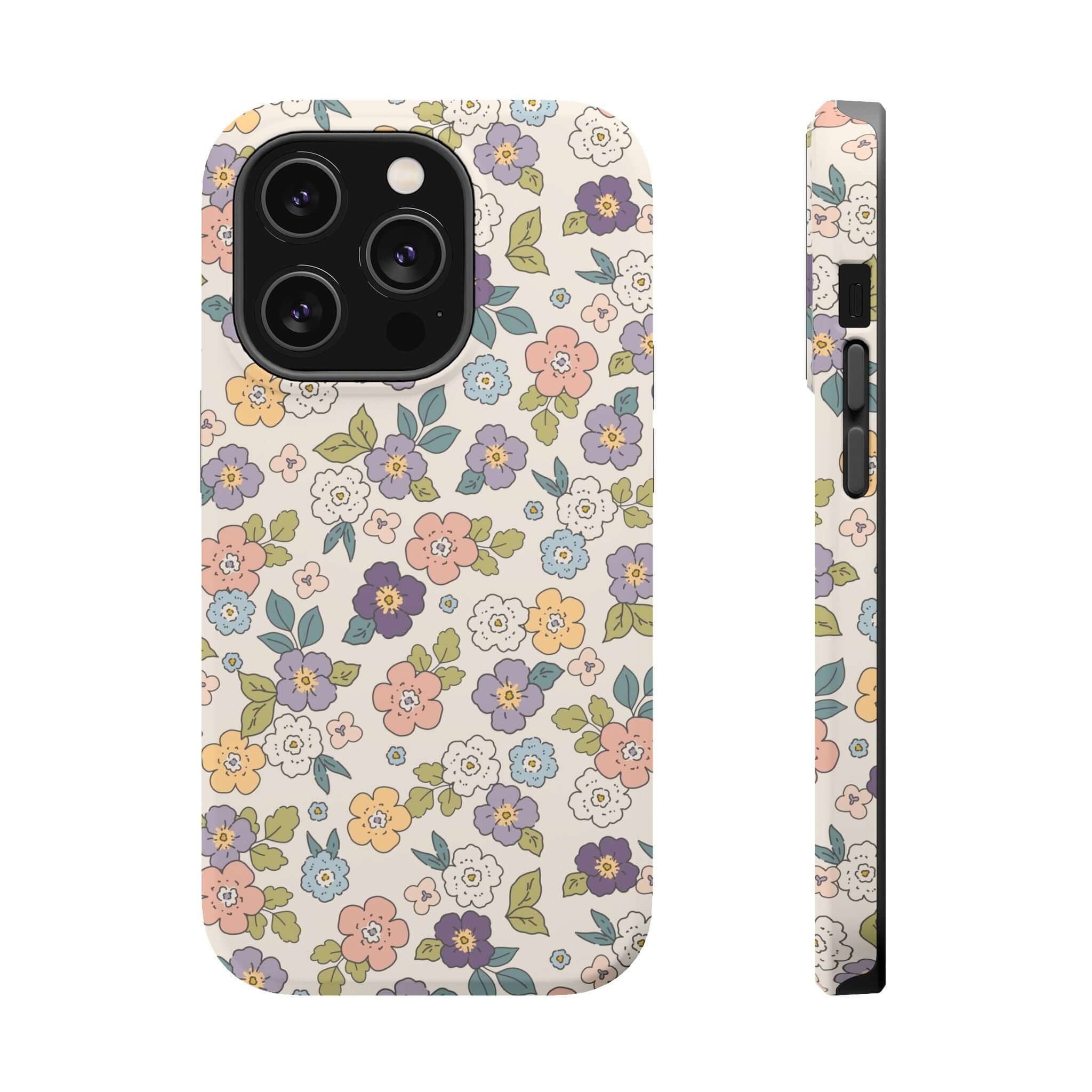 Colorful Ditsy Daisies iPhone case showcasing cute floral design and MagSafe compatibility for stylish phone users.