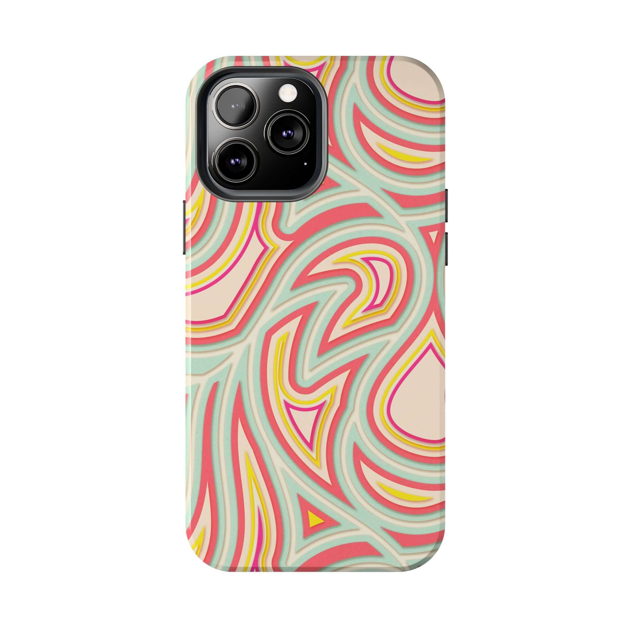 Retro abstract phone case with groovy wave patterns in pink, yellow, and teal colors for iPhone and Samsung models