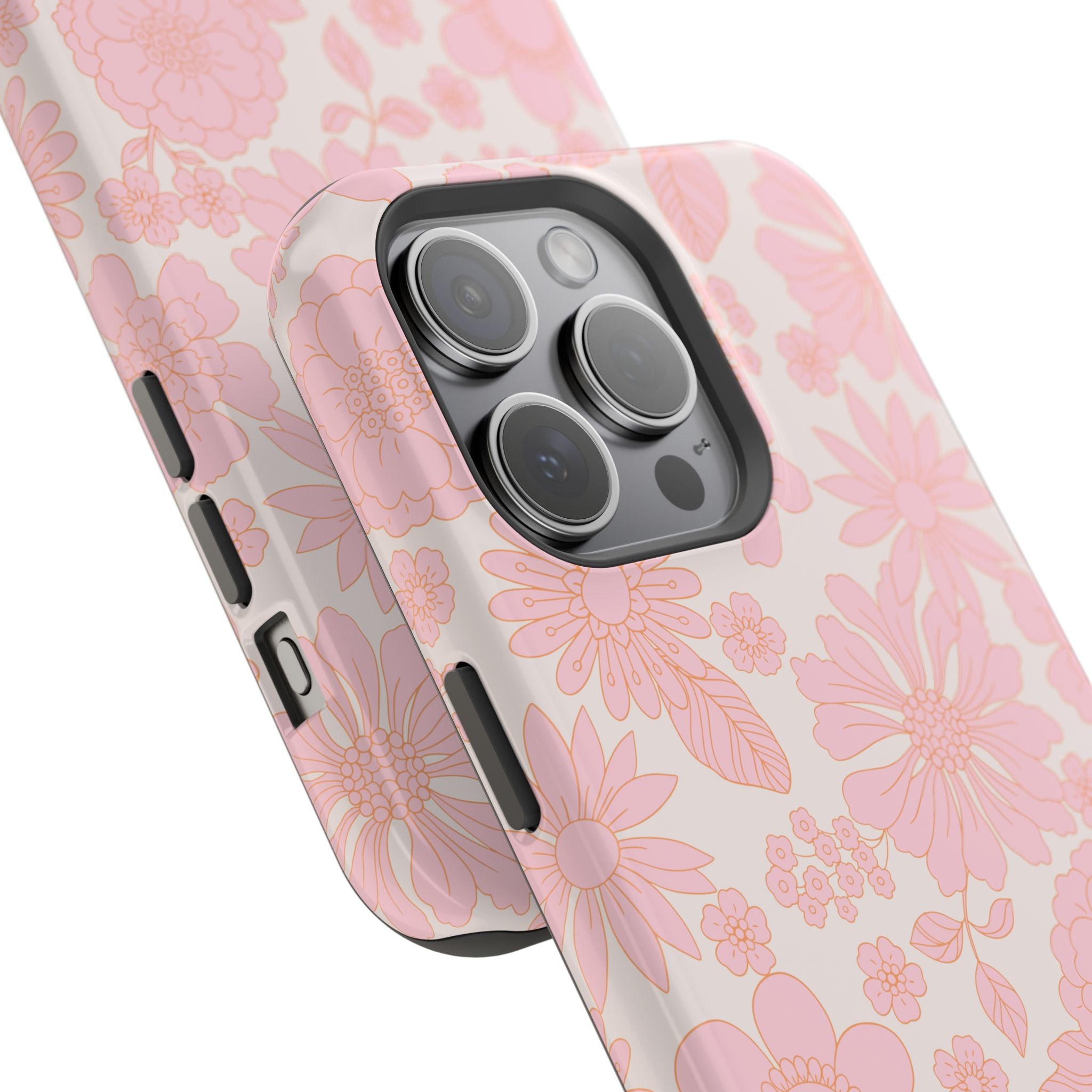 Pink floral MagSafe phone case for iPhone 16 with charming petals and cottagecore aesthetic. Cute protective cover.