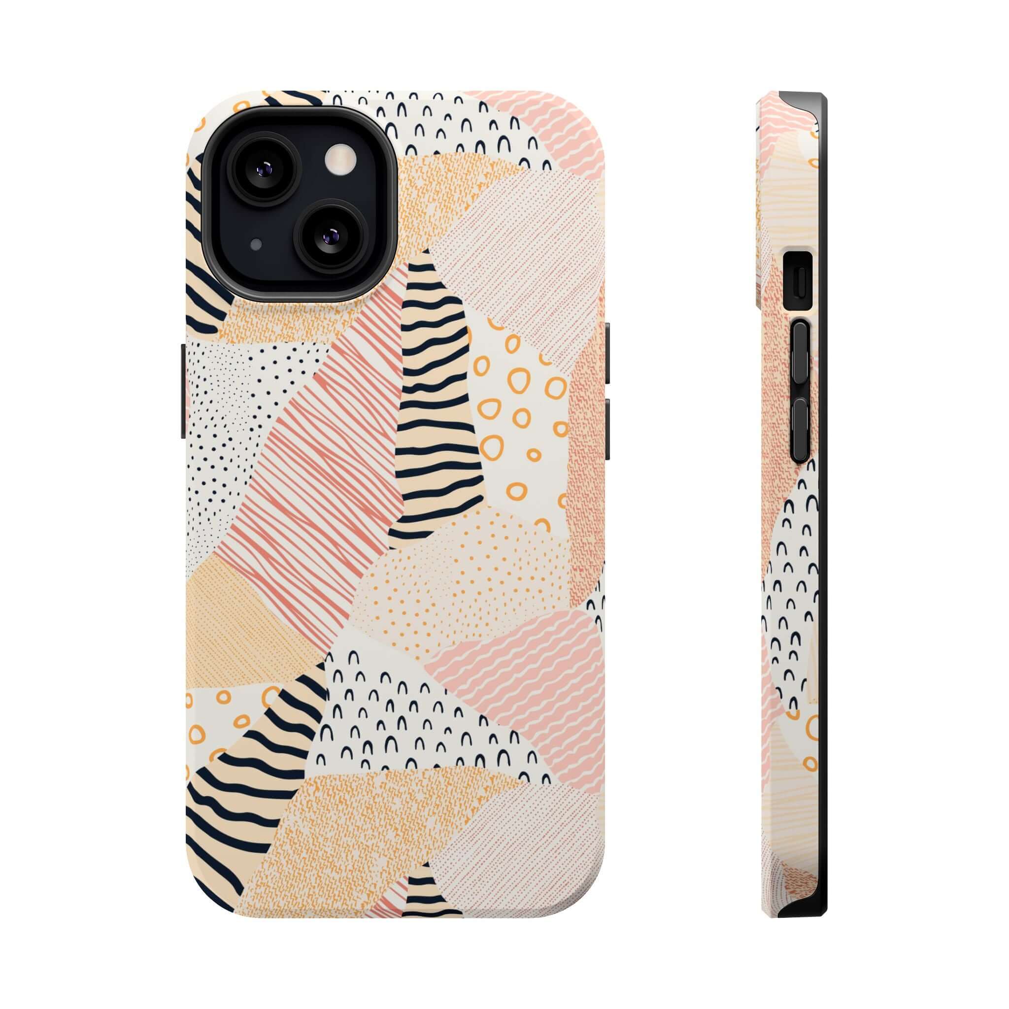 Cute pastel patchwork phone case for iPhone 16 with vibrant peach and multicolor design.