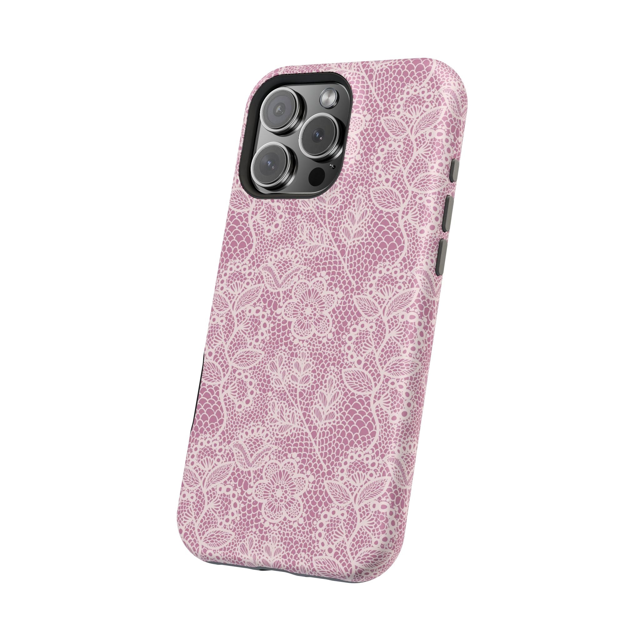 Pink lace floral MagSafe iPhone case with country charm, cute and protective phone cover for style and functionality.