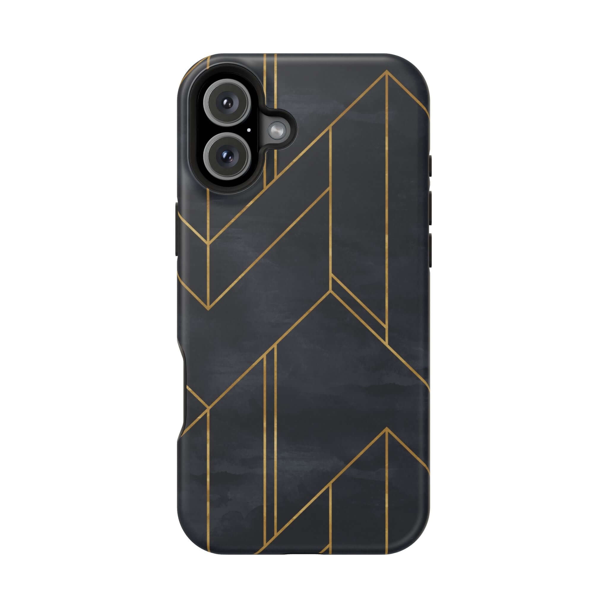 Modern geometric iPhone case in sleek black with gold lines, perfect for a trendy, colorful, and cute phone accessory.