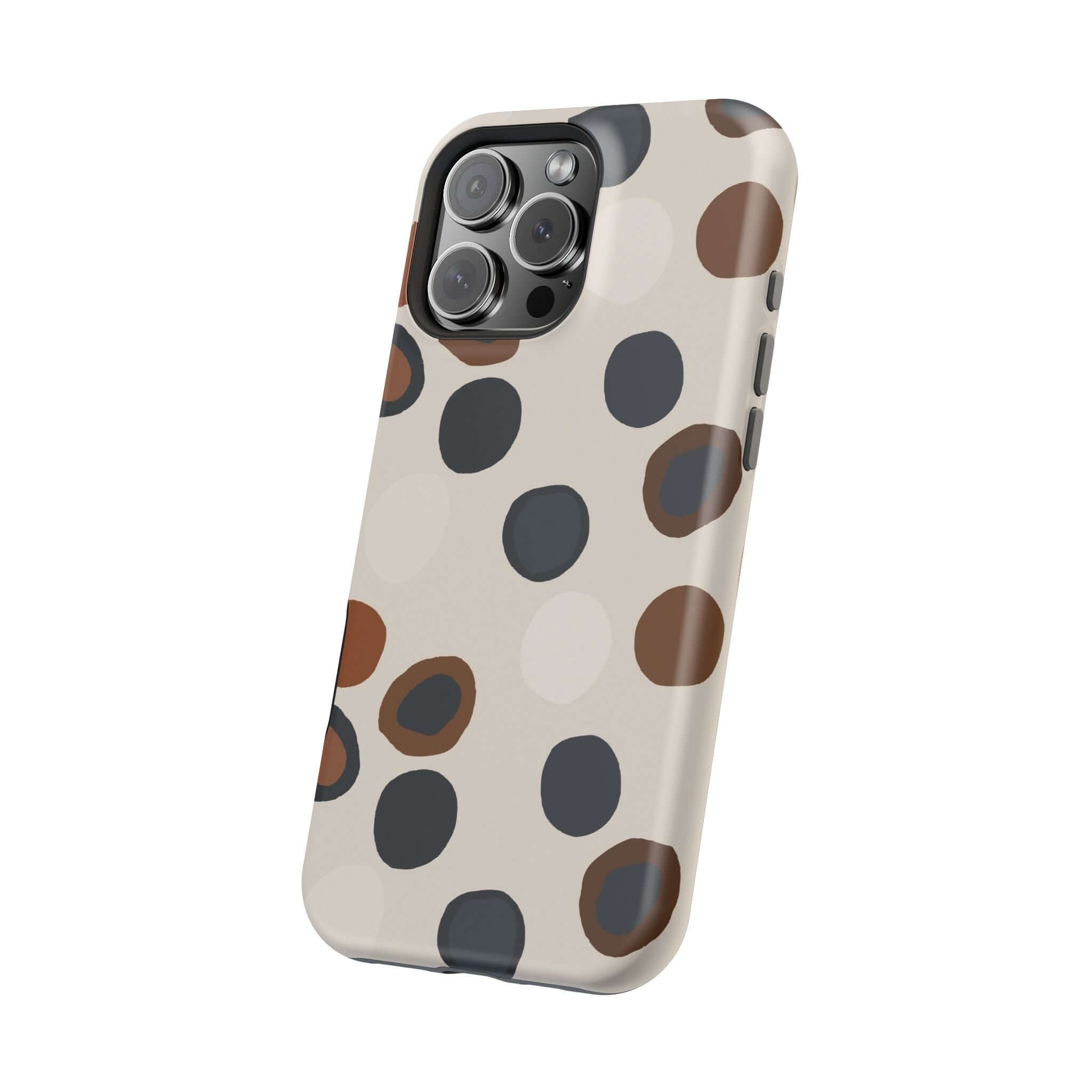 Modern spots MagSafe iPhone case with brown spots on beige, perfect for chic adventurers; colorful, cute, abstract design.