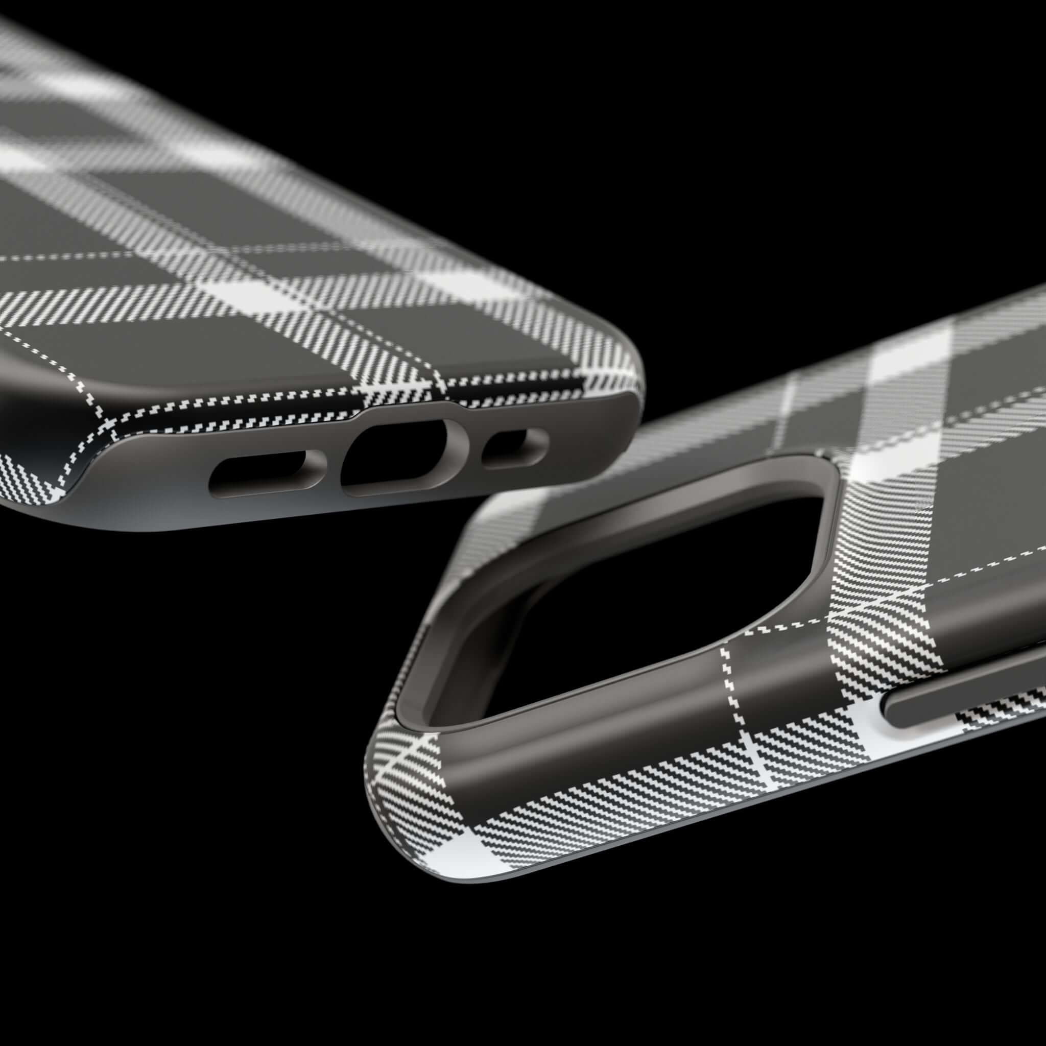 Close-up of a stylish black plaid iPhone case, showcasing its sleek design and protective features. Perfect cute phone cover!