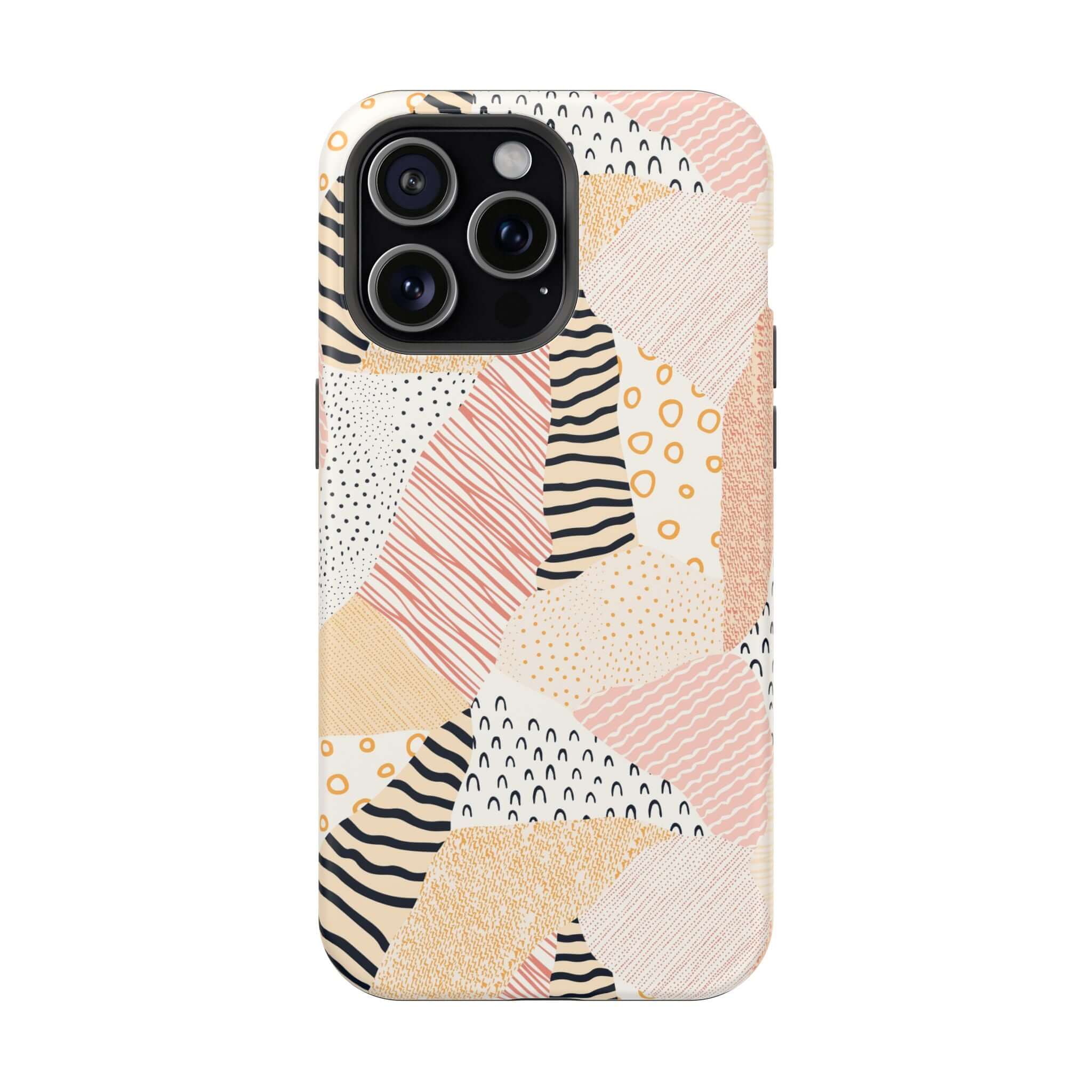 Cute pastel patchwork phone case for iPhone 16 with vibrant colors and peach tones, perfect for a fun, unique look.