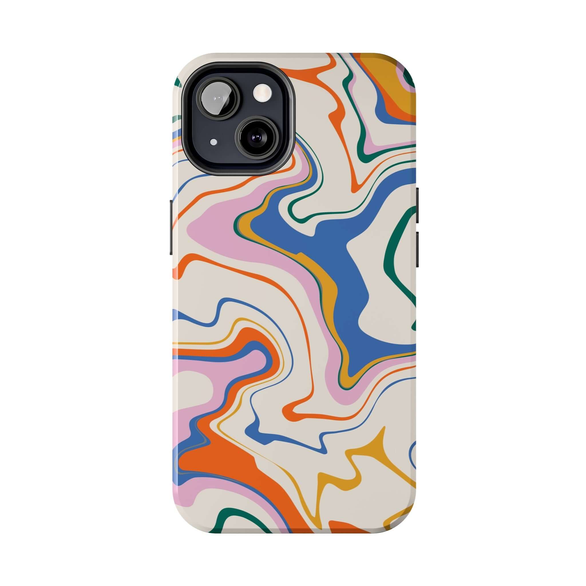 Colorful abstract phone case with vibrant swirl design for iPhone 14 Pro Max and Samsung S23.