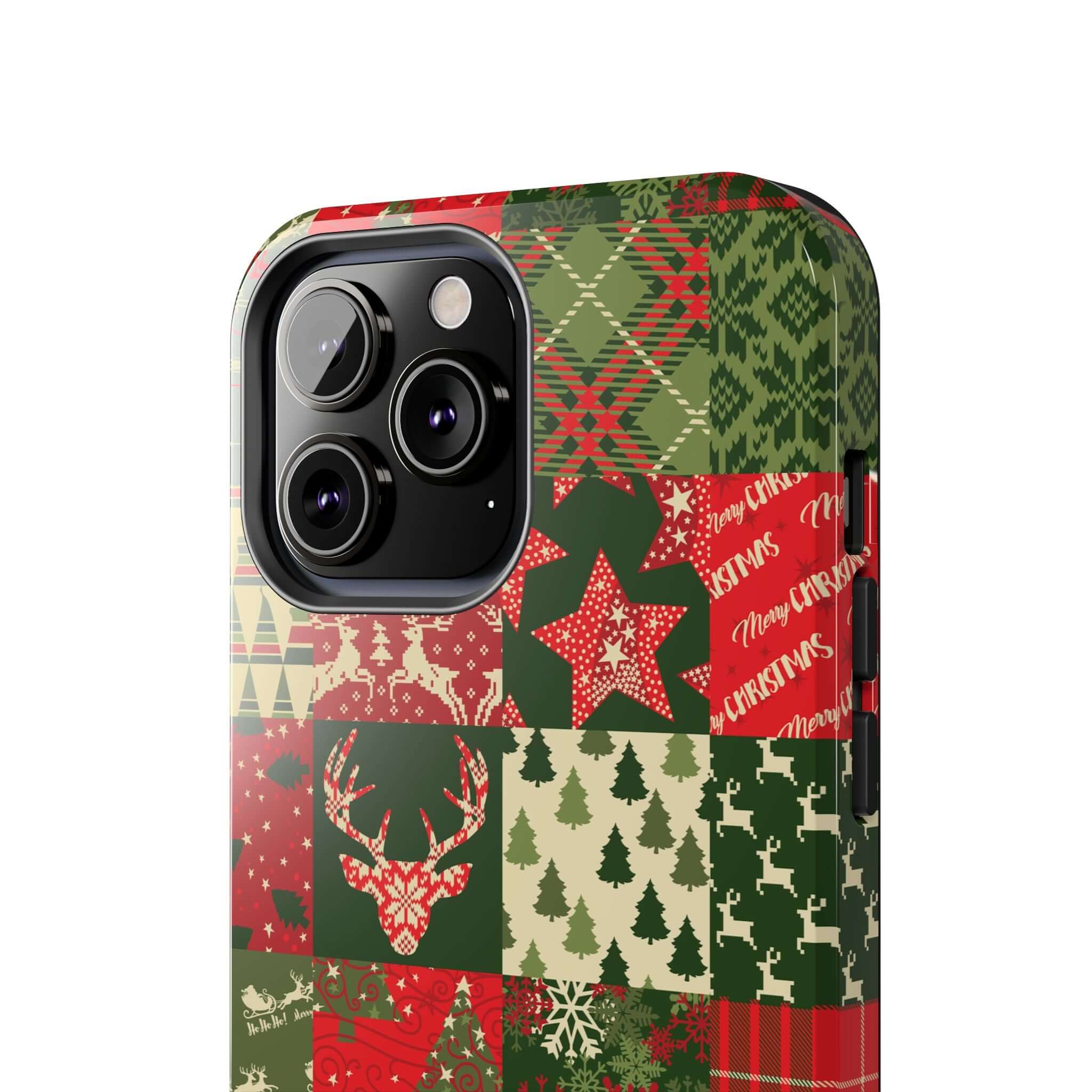 Cute iPhone case with green holiday design featuring reindeer, stars, and Christmas trees by Cozy Quiltmas. Perfect festive phone case.