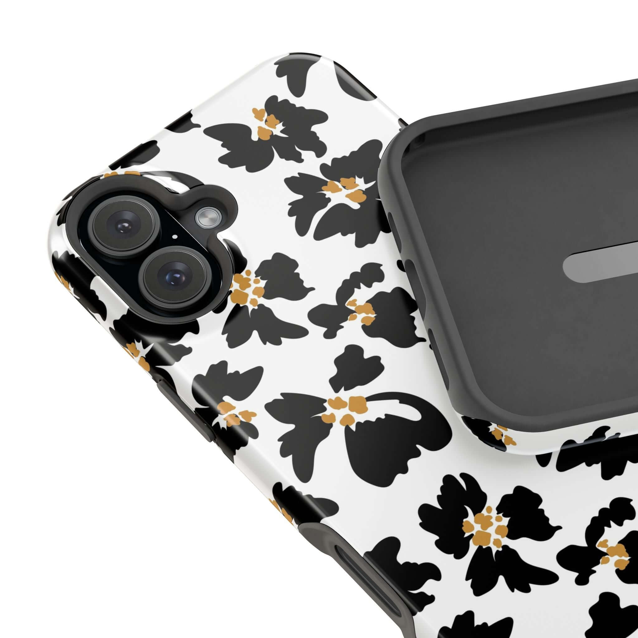 Modern Noir Flora black floral case on iPhone with cute animal print design, perfect MagSafe case for fashion-forward phone users.