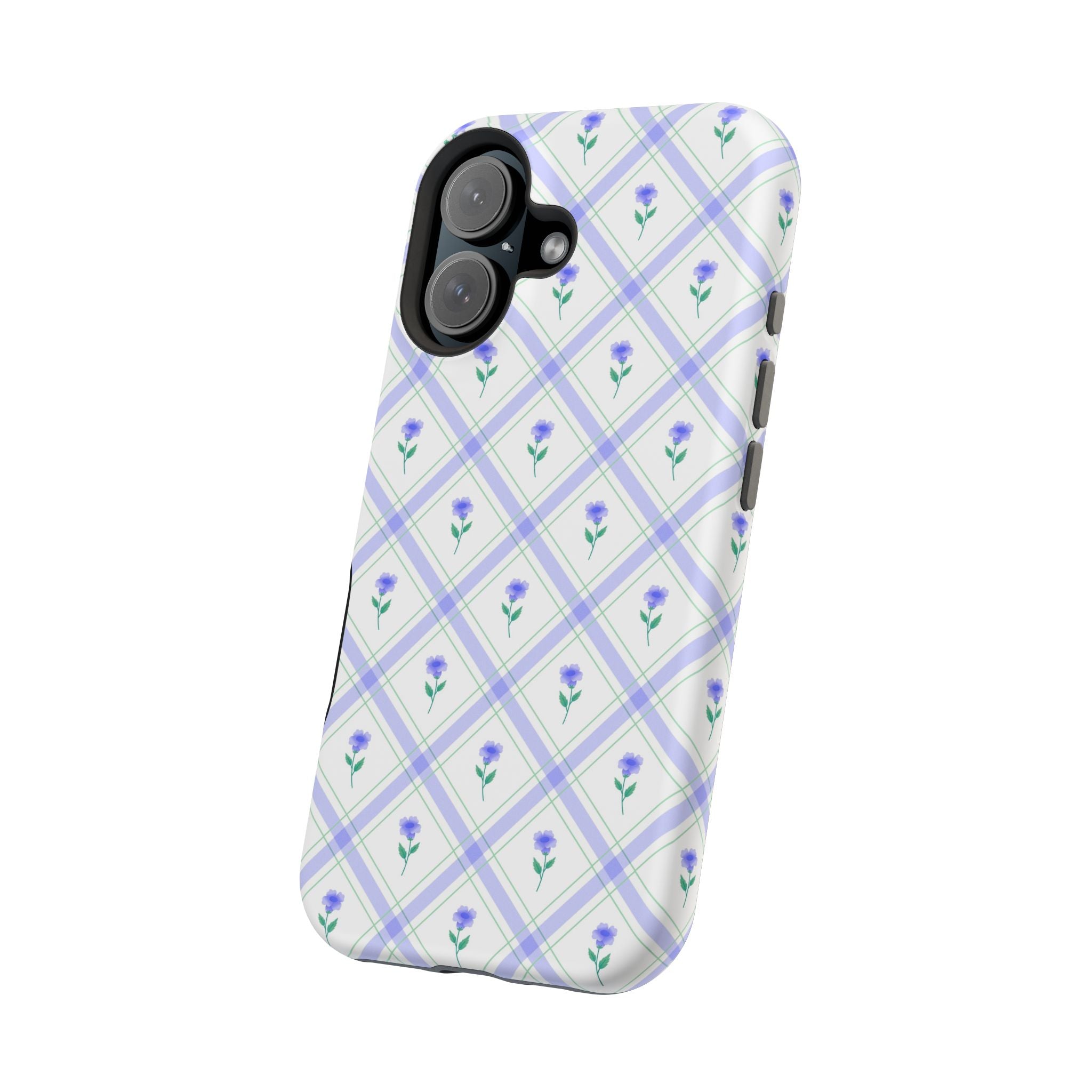 Cute blue floral phone case with plaid pattern, stylish and protective cover for iPhone.