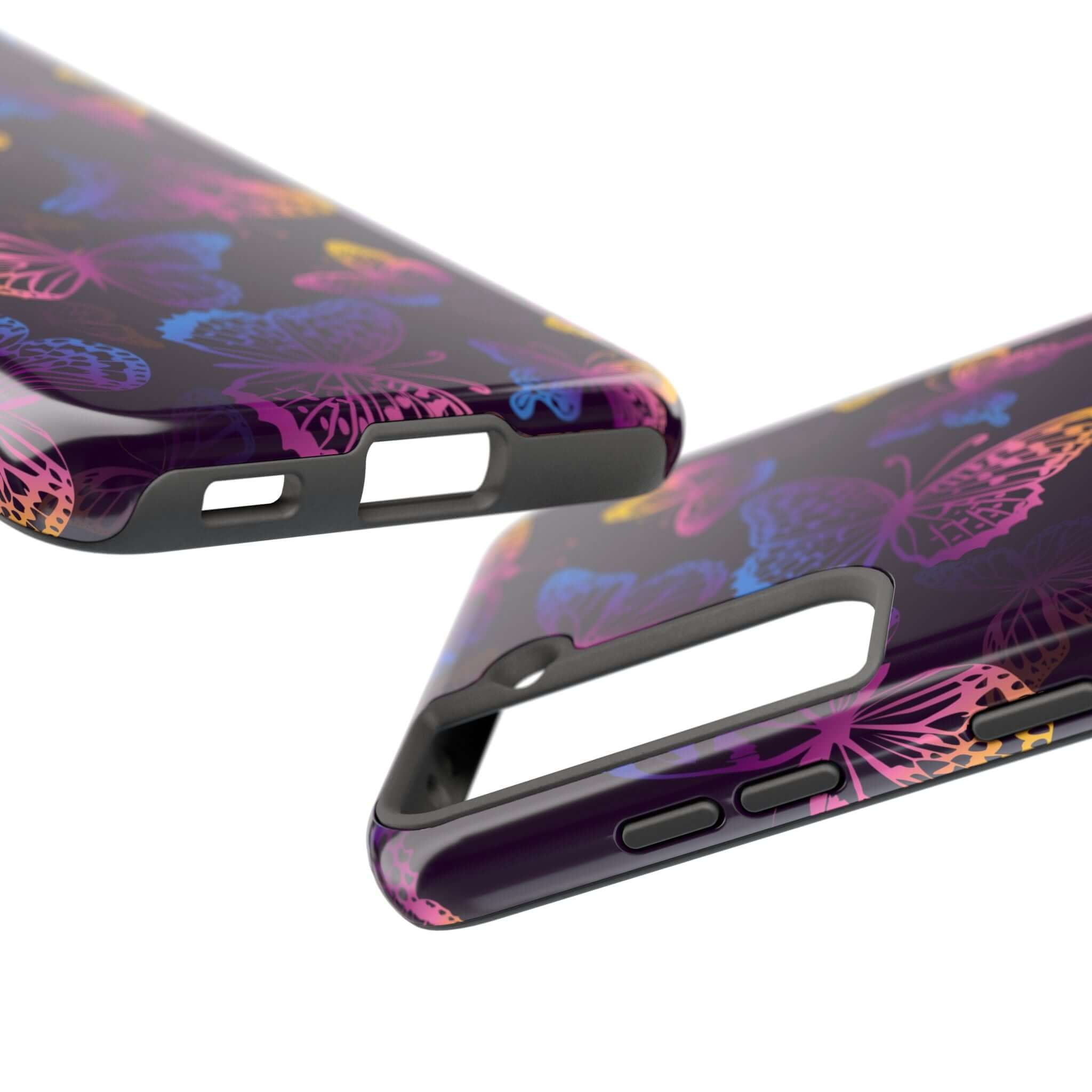 Vibrant Midnight Flutter Black Butterfly MagSafe iPhone Case with groovy floral design, perfect cute phone cover for butterfly lovers.