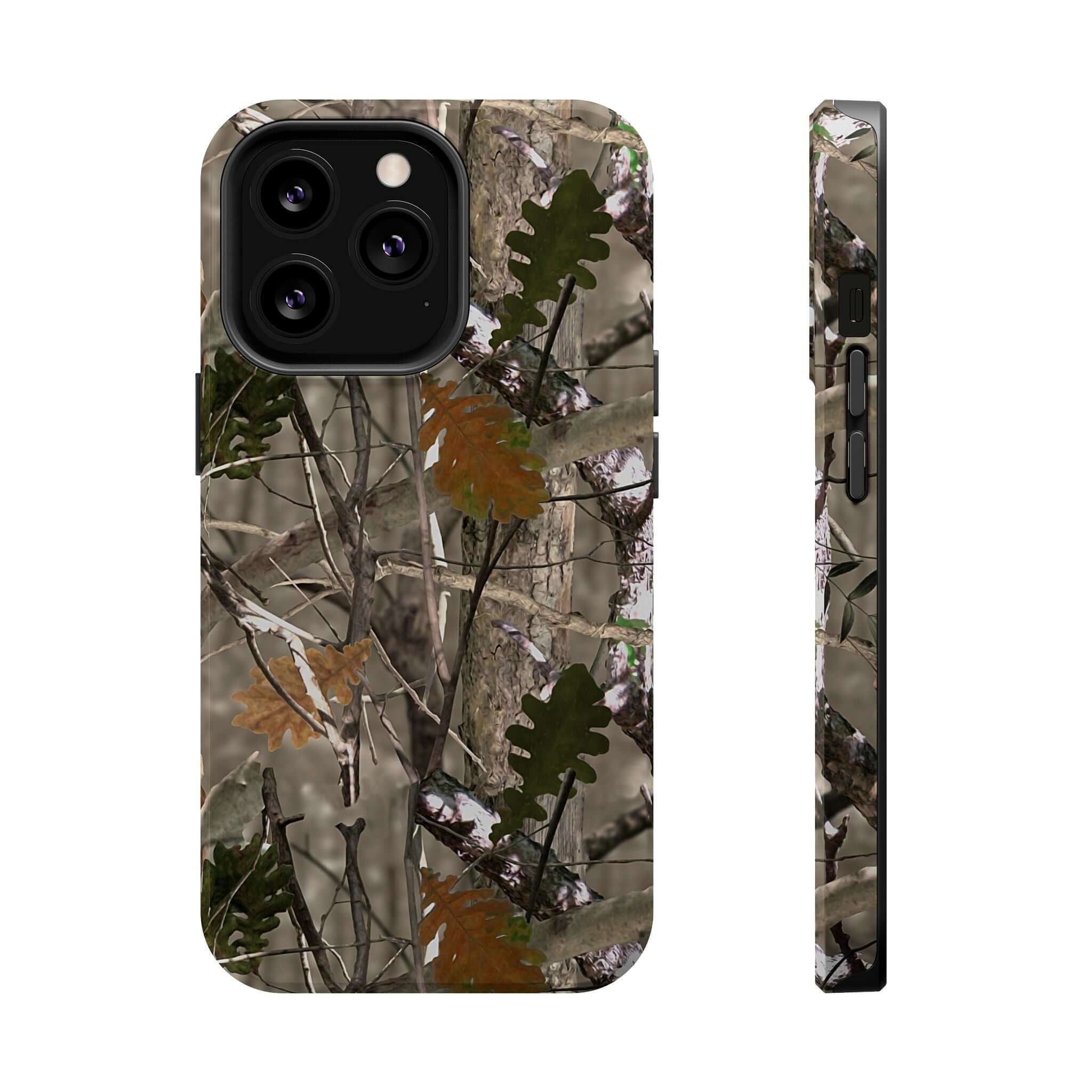 Modern forest camo iPhone case with animal print, compatible with MagSafe technology. Cute and stylish protection for your phone.