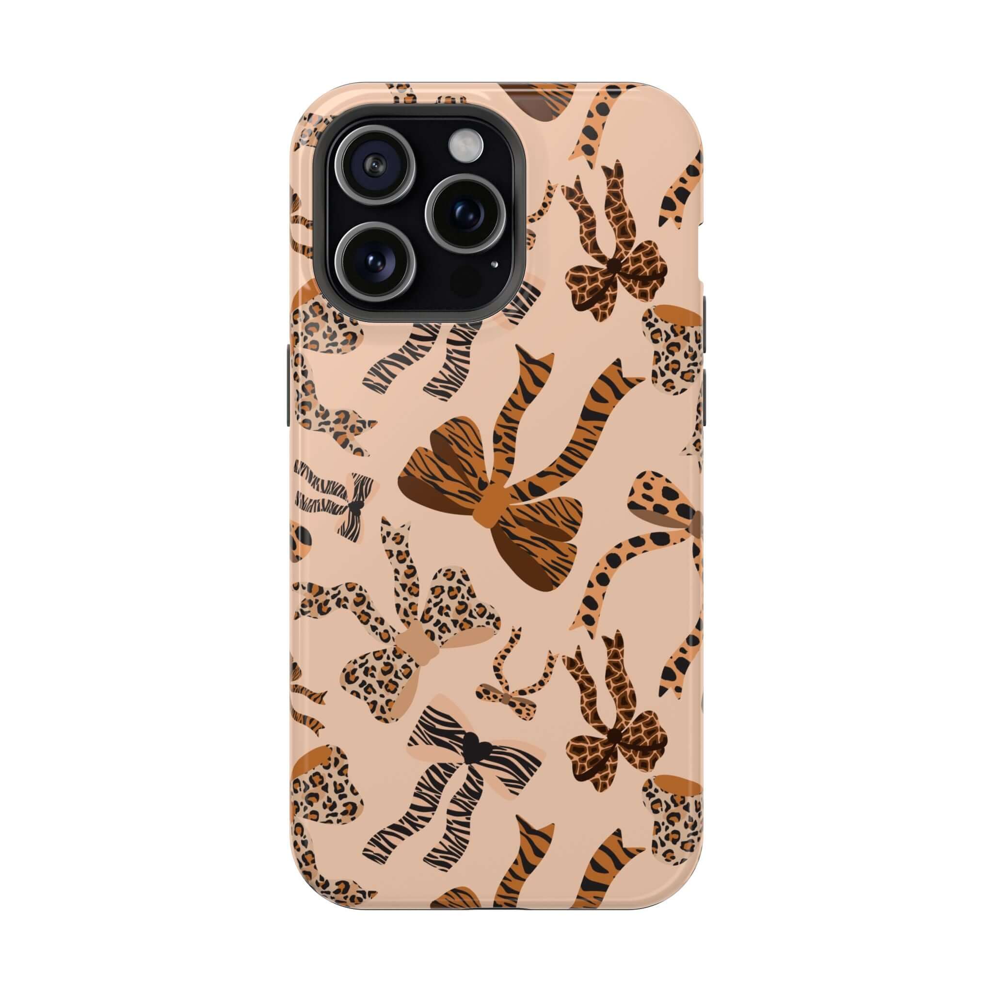 Colorful iPhone case with cute coquette bows and fierce leopard pattern, Safari Coquette design for abstract and playful style.