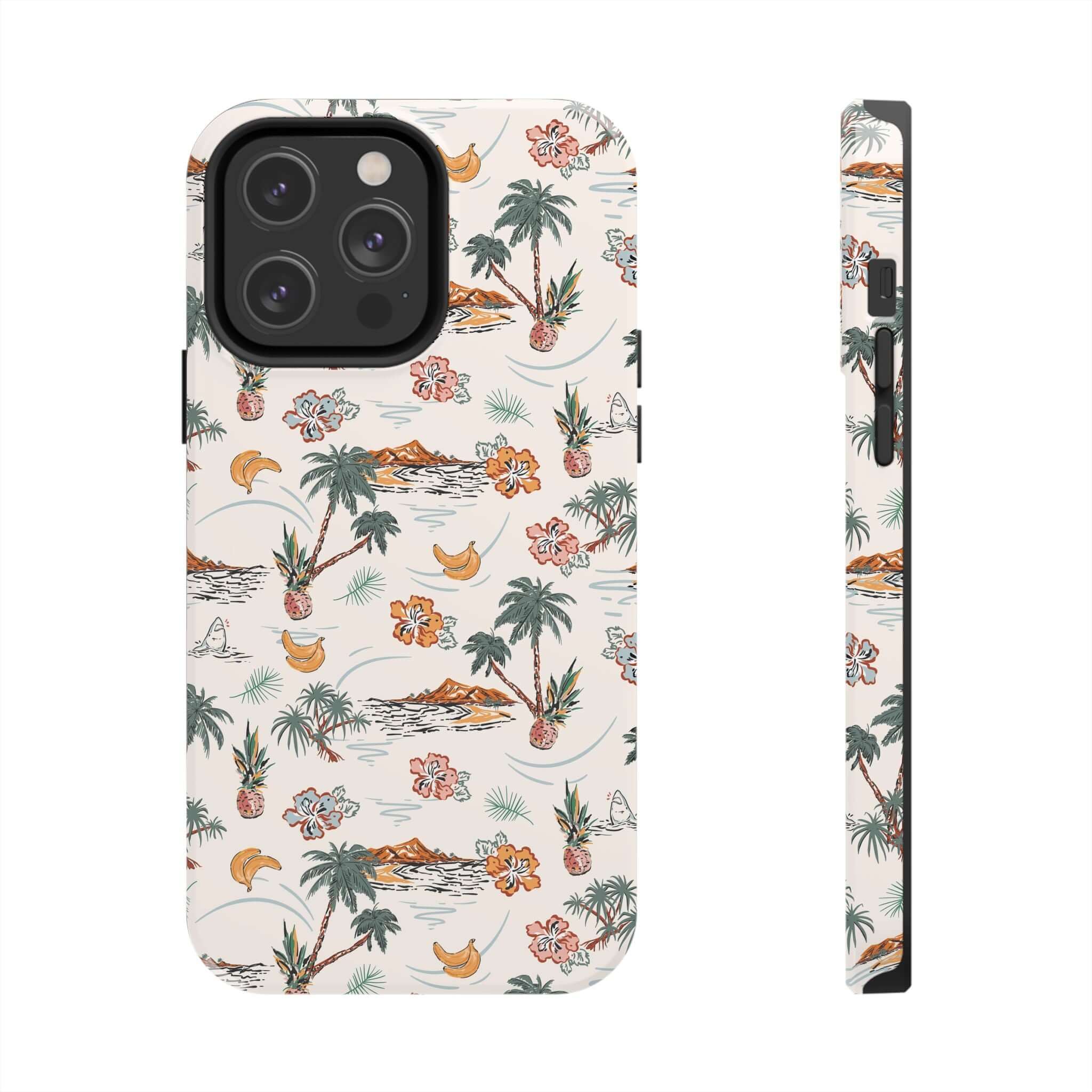 Cute iPhone 14 case with tropical palm tree design for beach lovers, free shipping.