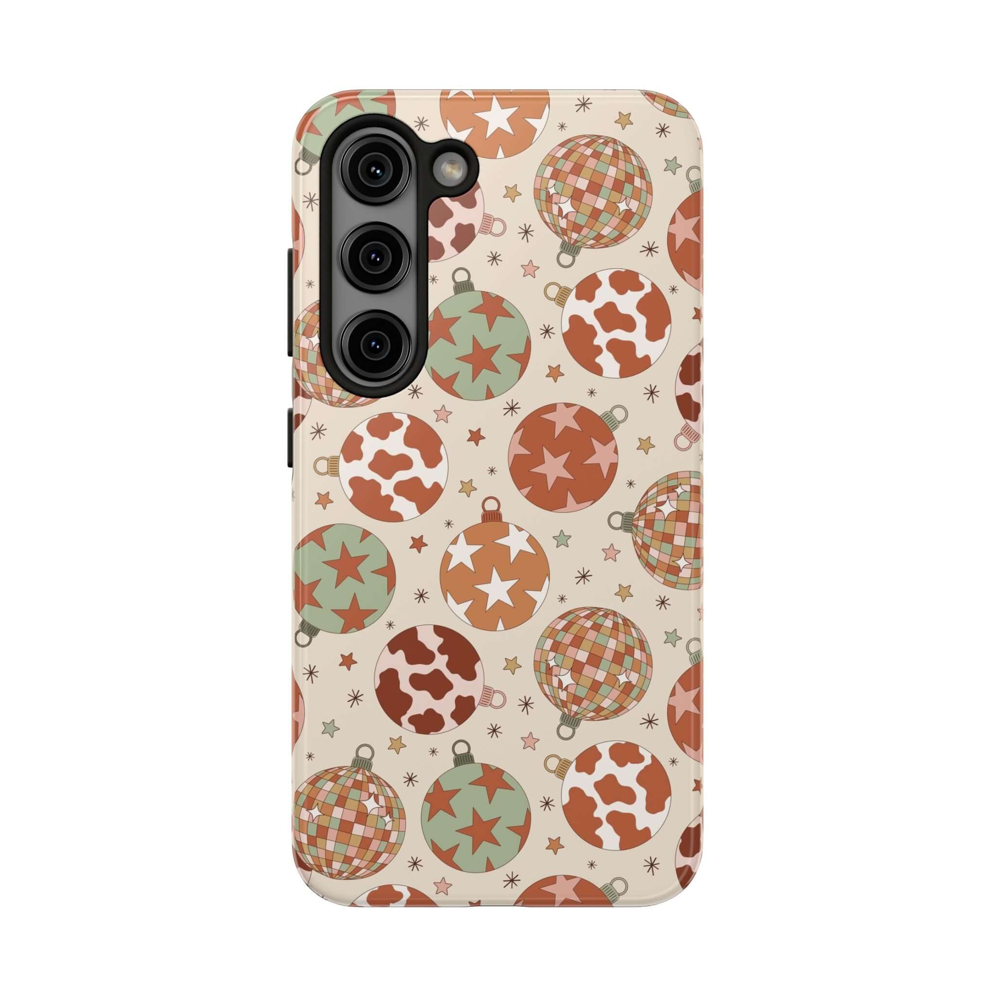 Cowgirl Christmas iPhone case with festive ornaments pattern, perfect cute and colorful phone cover for holiday season.