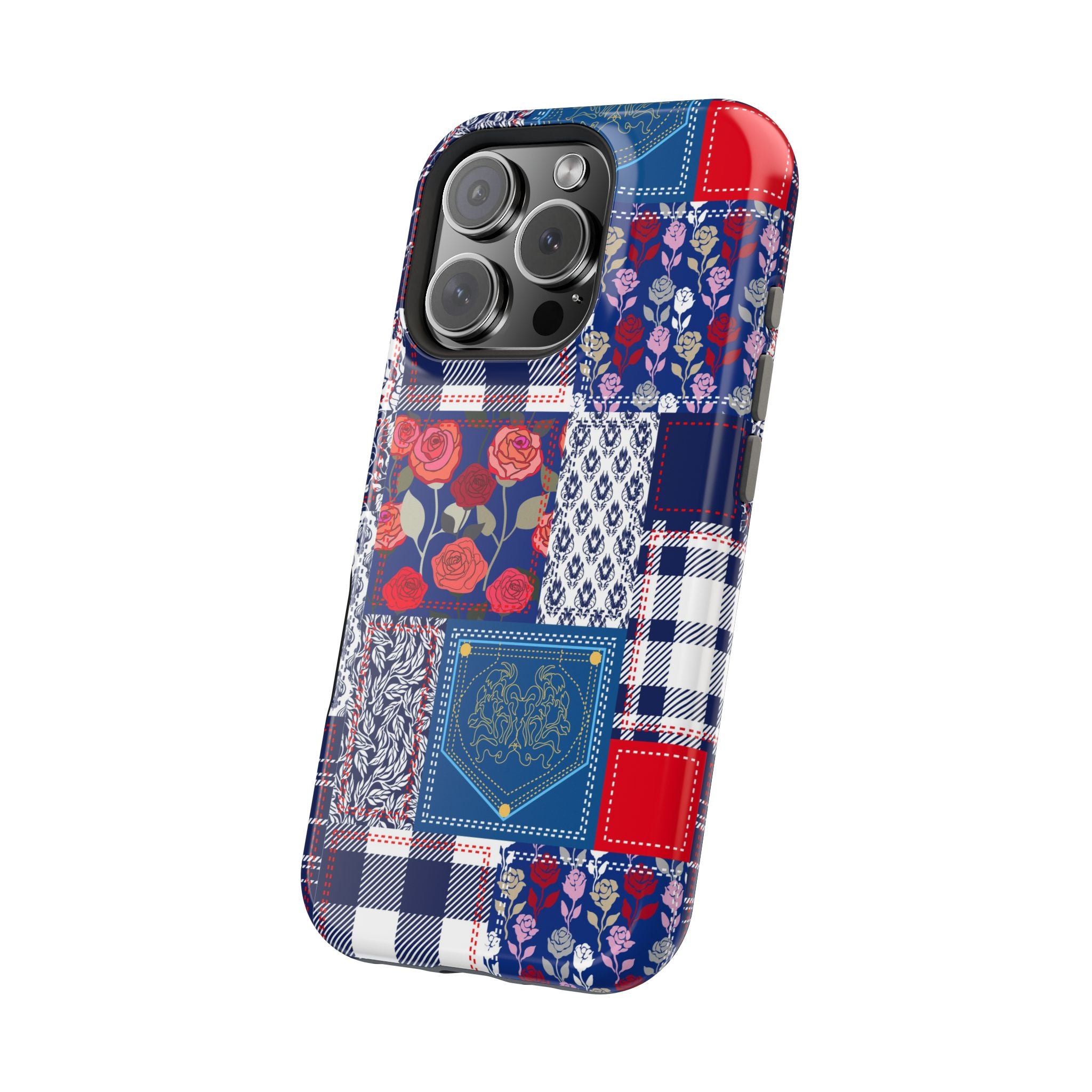 Crimson Bloom | Blue Patchwork Case