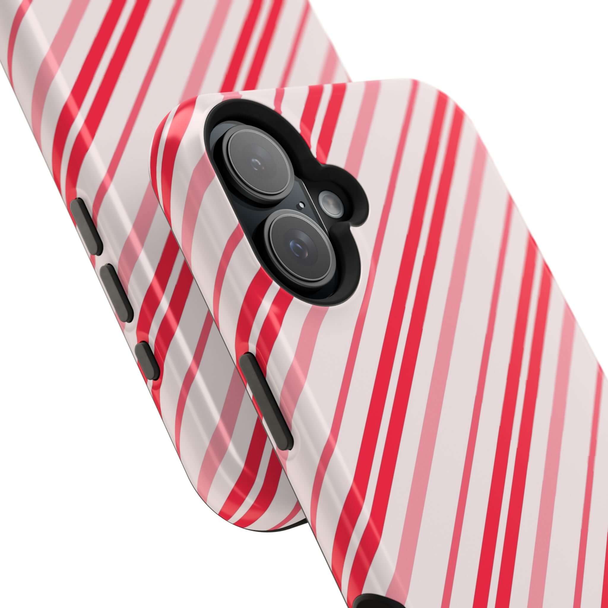 Festive red and white candy cane design MagSafe case, perfect Xmas phone cover for holiday cheer.