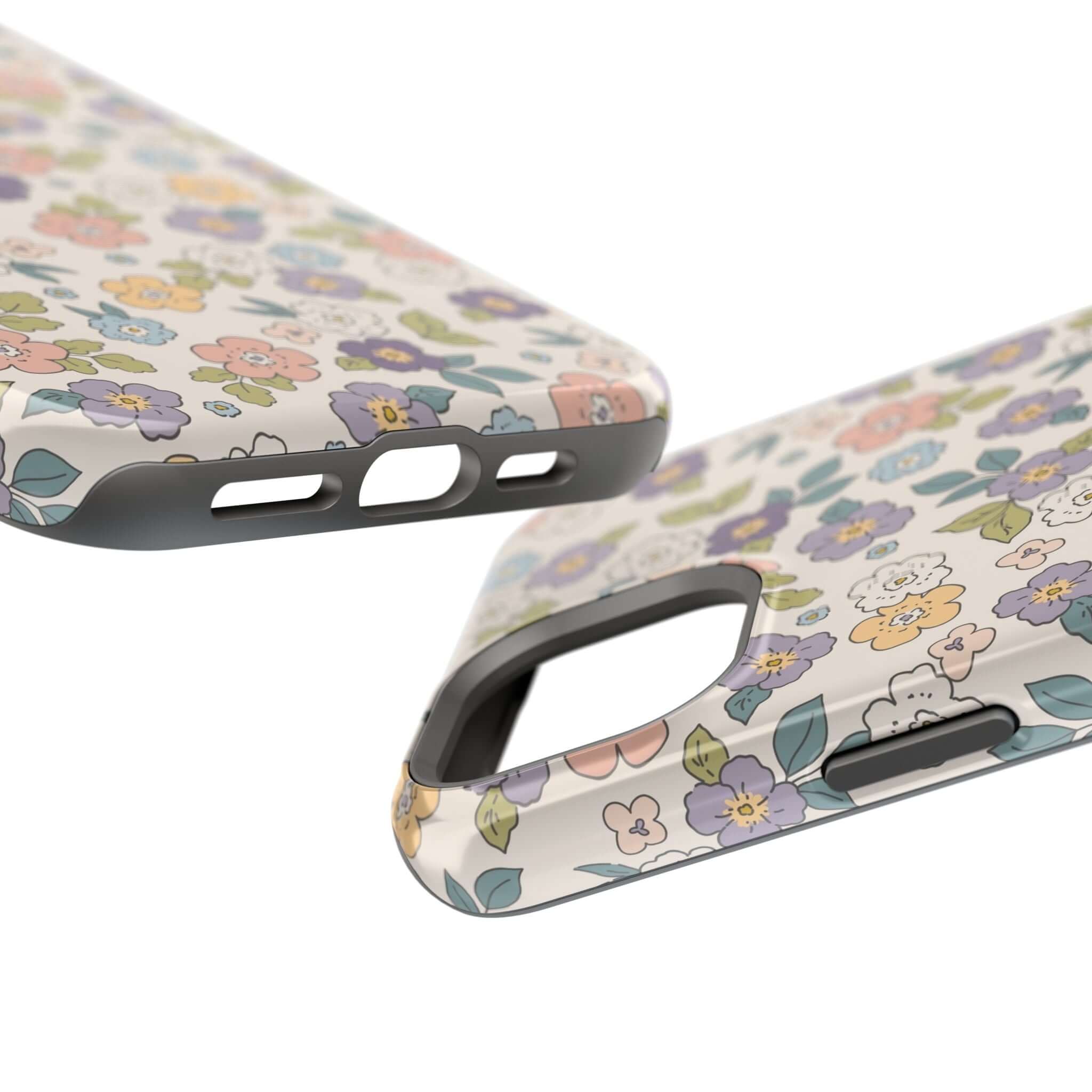 Colorful Ditsy Daisies flower iPhone case showcasing its cute design and MagSafe compatibility. Perfect for stylish phone users!