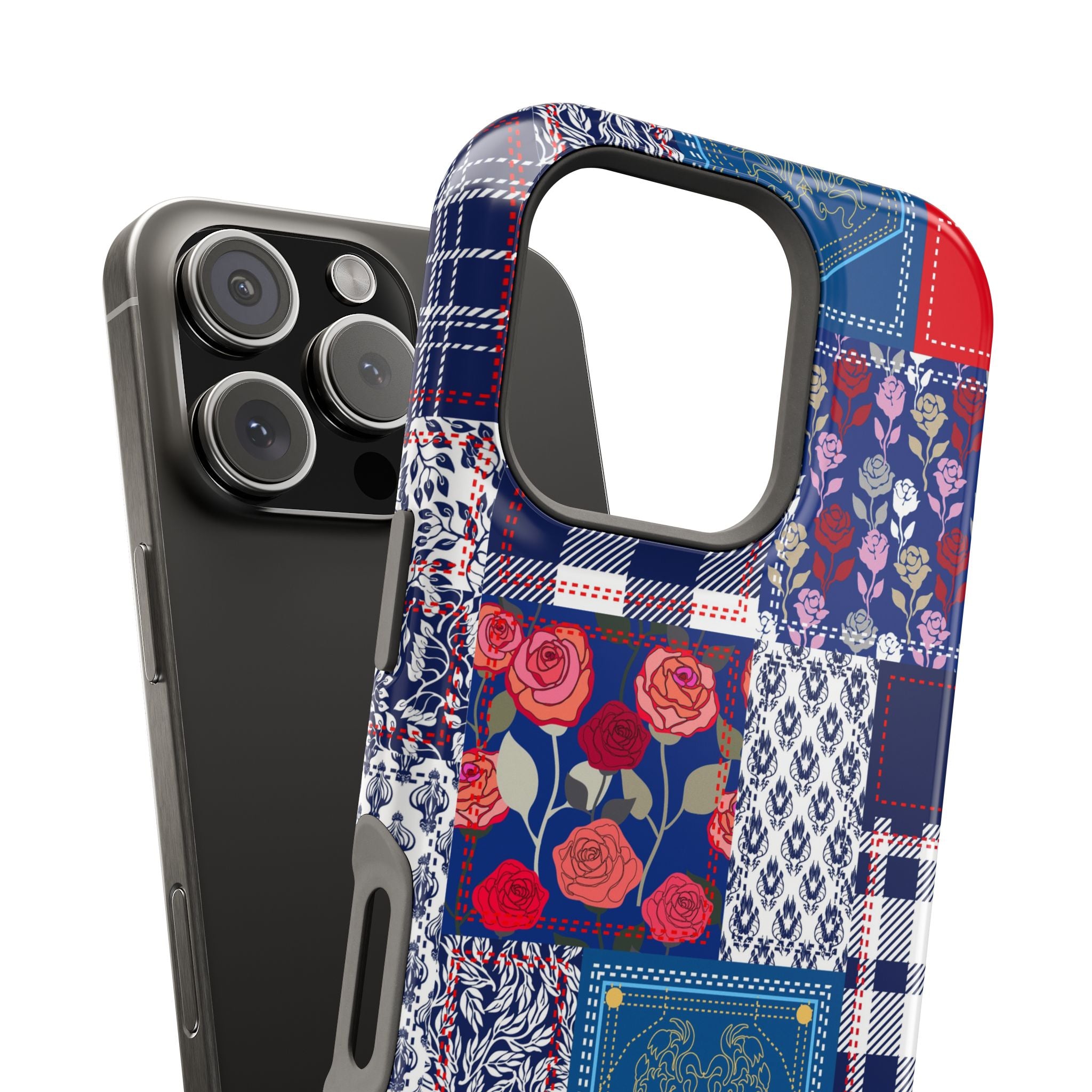 Crimson Bloom | Blue Patchwork Case