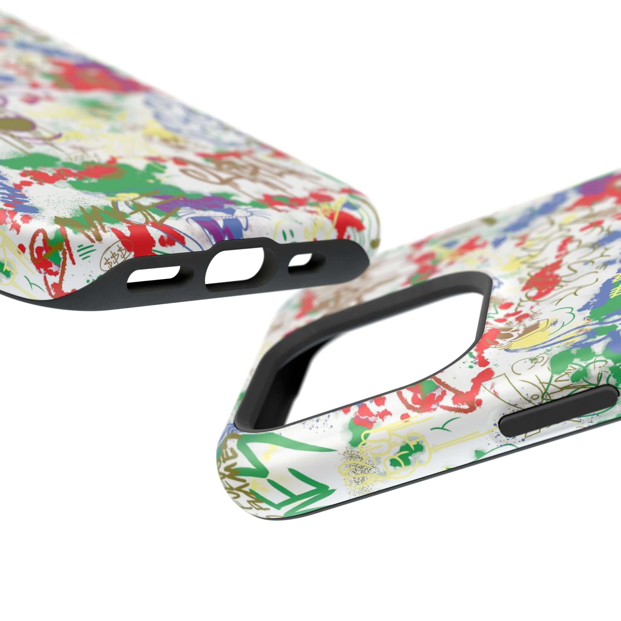 Colorful graffiti phone case showing vibrant street art design and MagSafe compatibility for iPhone users.