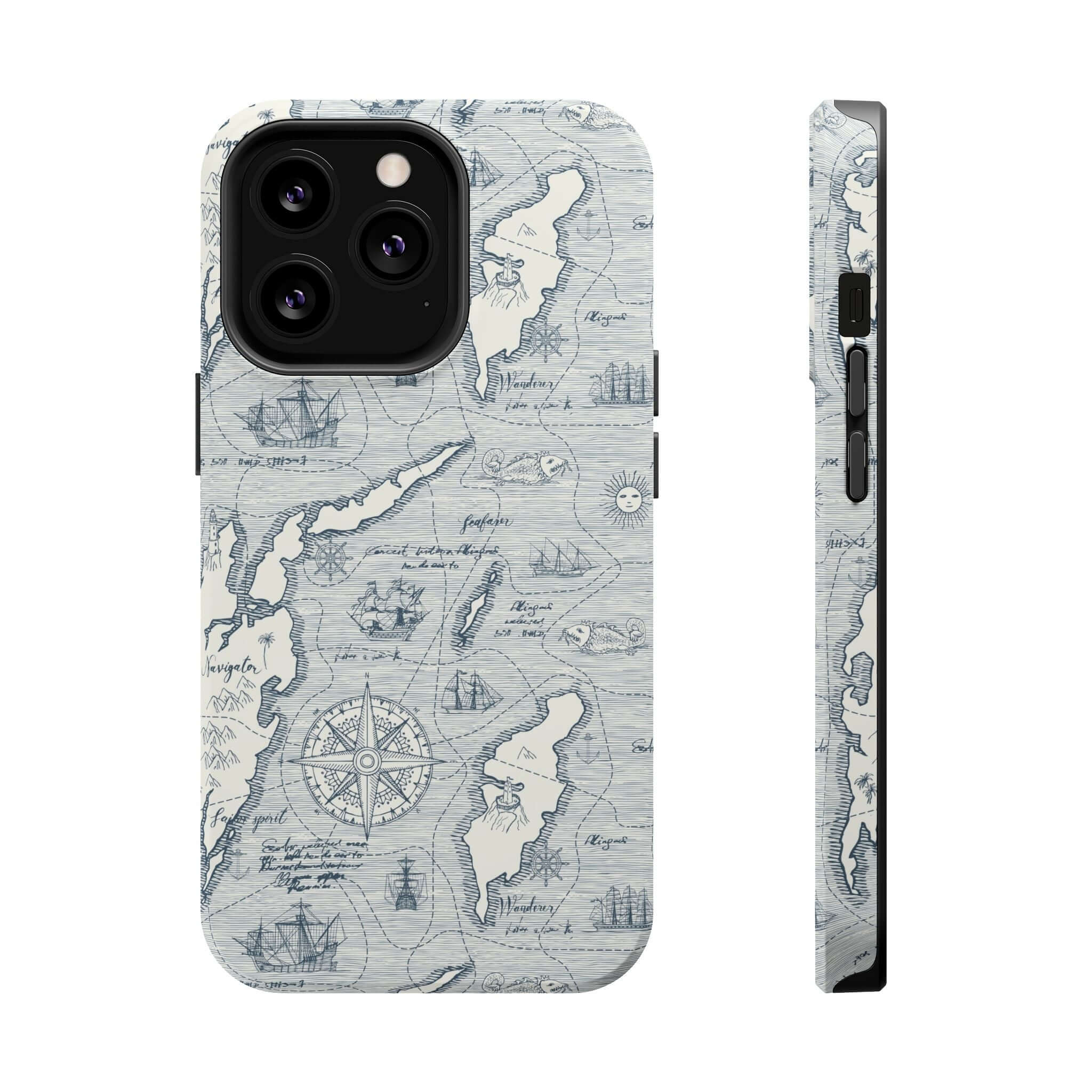 Pirates Passageway nautical map case for iPhone 14 Pro Max with MagSafe technology, front and side view, teal color.