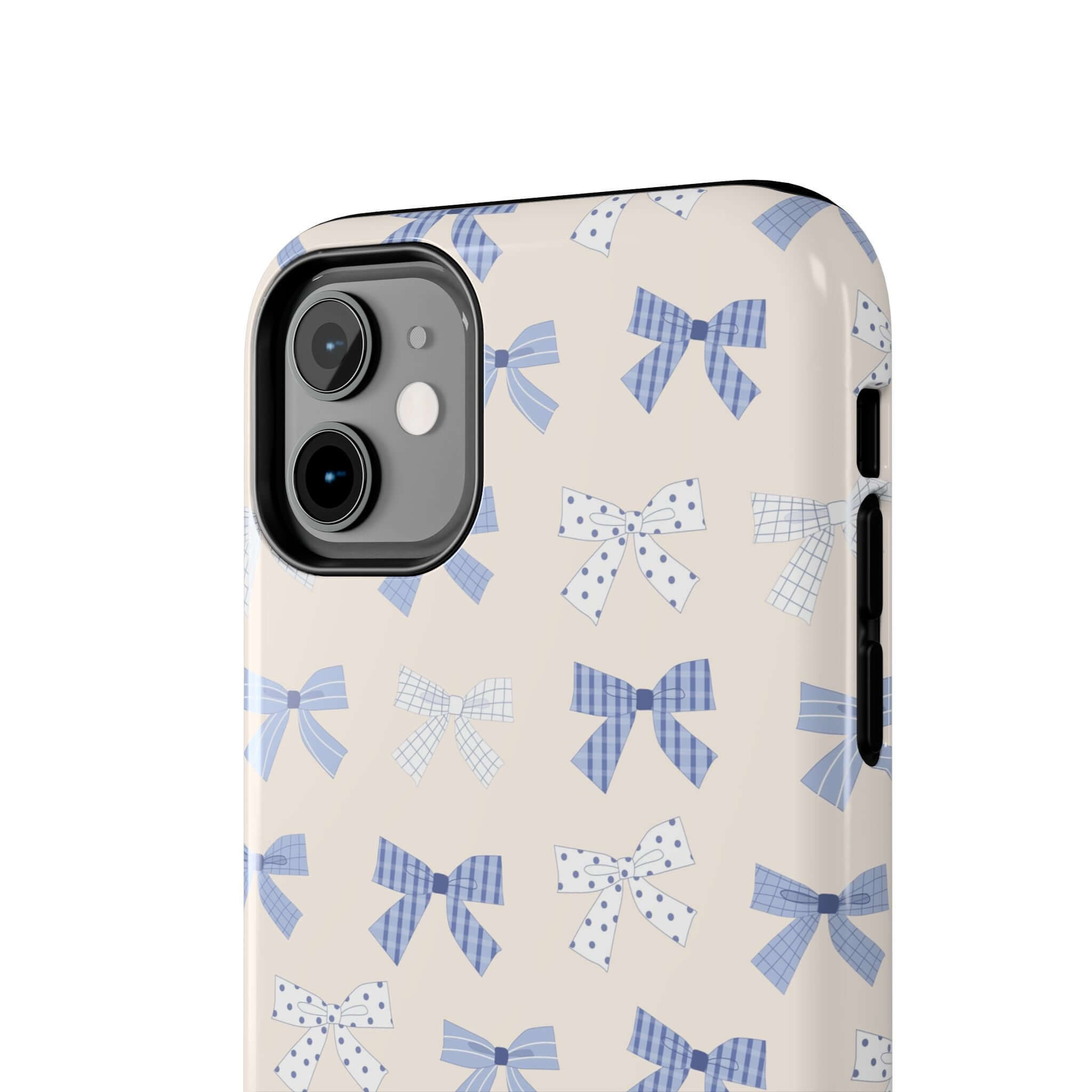 Cute phone case with blue bows design for iPhone 16, perfect for brides-to-be, showcasing playful and fun style.