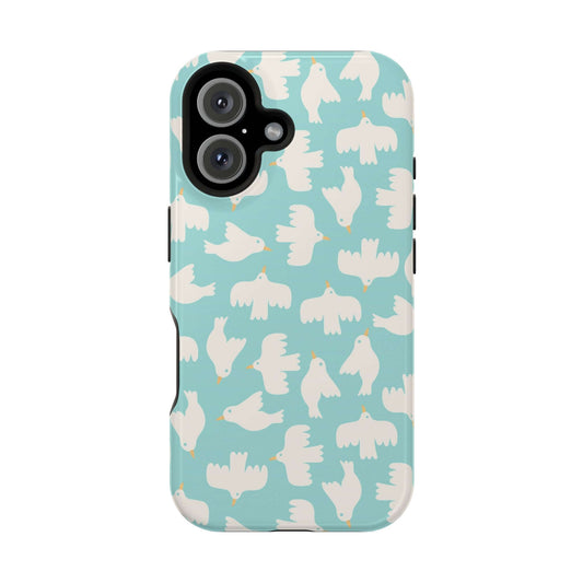 Cute teal dove phone case featuring whimsical birds, perfect for iPhone users looking to showcase their unique style.