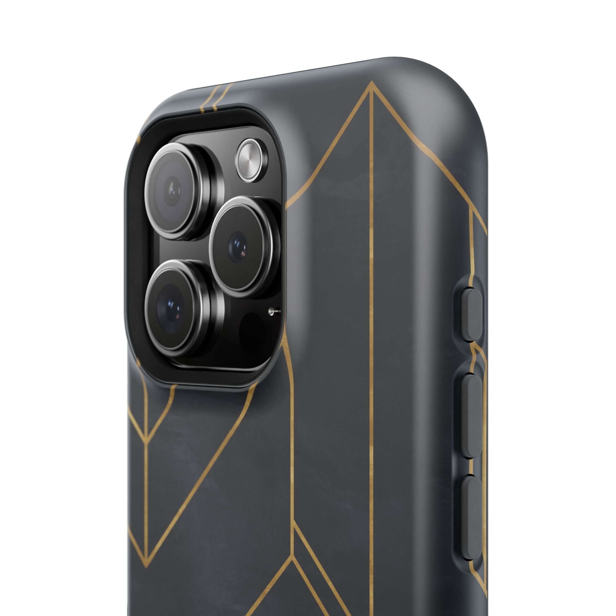 Modern geometric iPhone case with sleek design, featuring black and gold abstract lines for a trendy, colorful look.