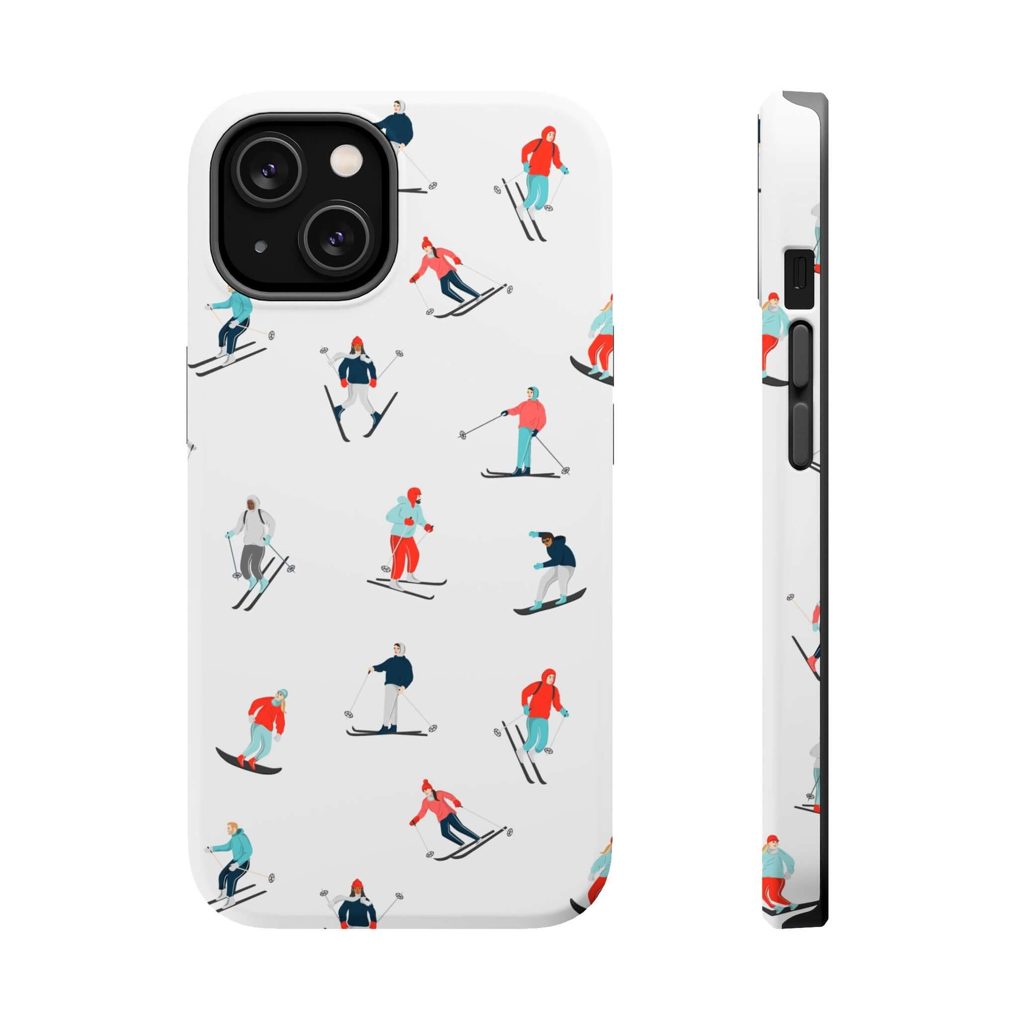 Cute phone cover featuring skiers on a snowy slope, perfect iPhone case for winter sports enthusiasts.