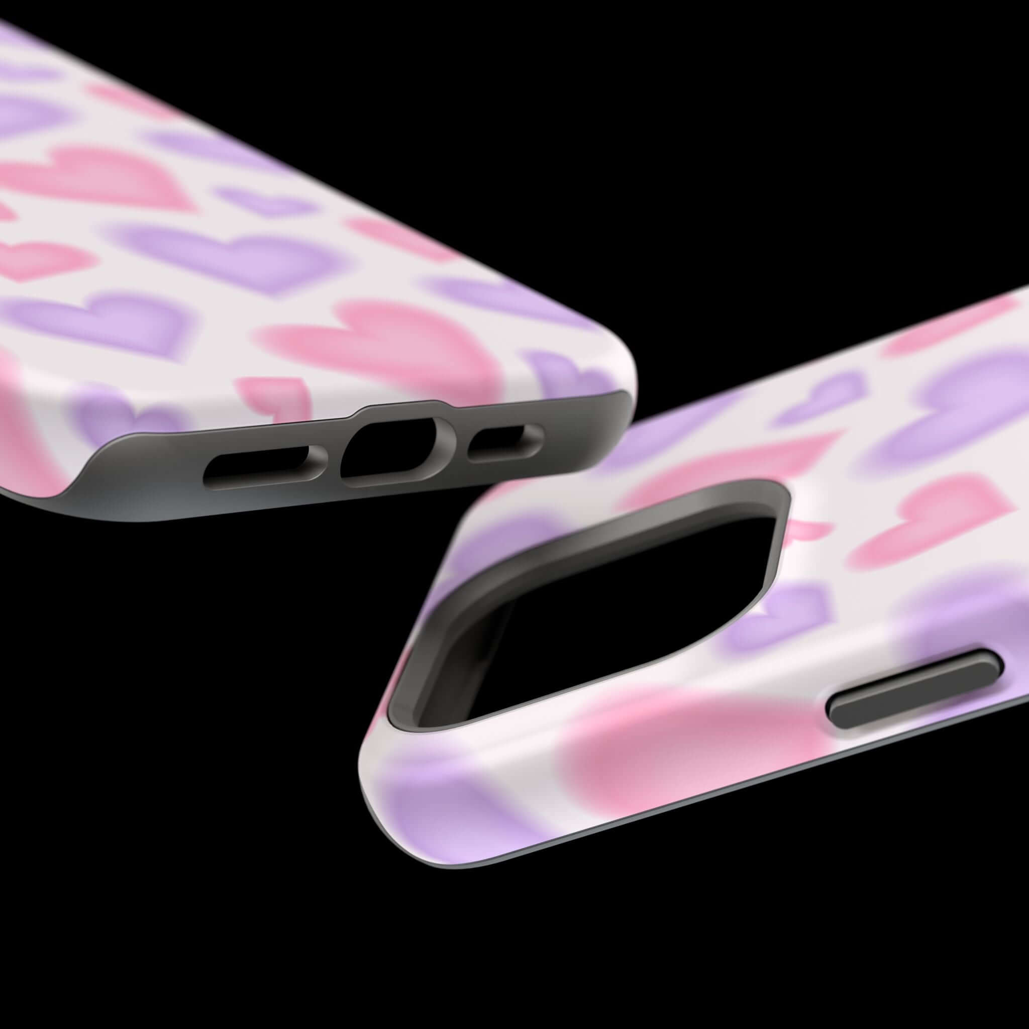 Flirty pink and purple hearts on a cute phone cover, showcasing stylish MagSafe compatibility for Apple iPhone.