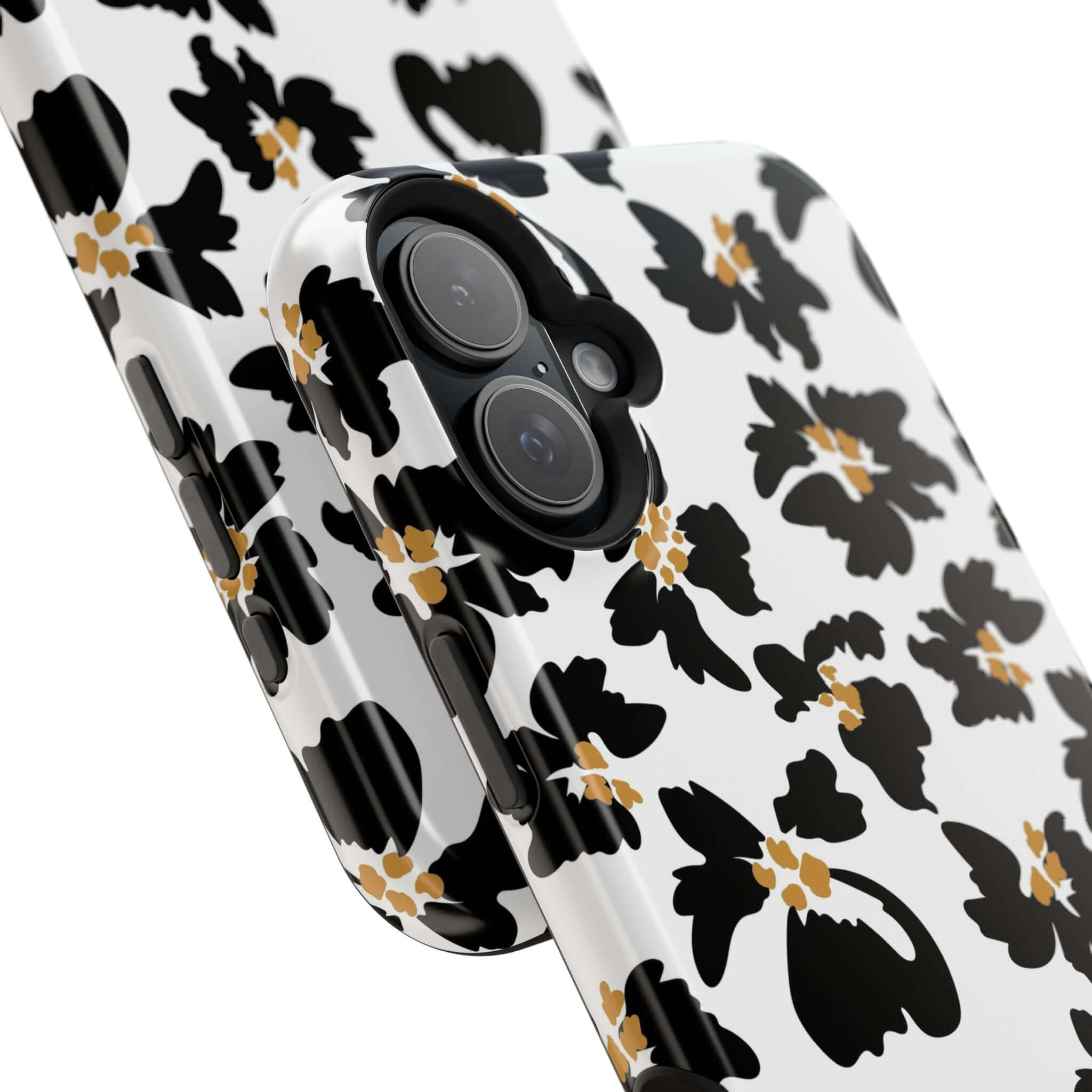 Modern Noir Flora black floral iPhone case with cute animal print design, secure MagSafe compatibility, and stylish protection.