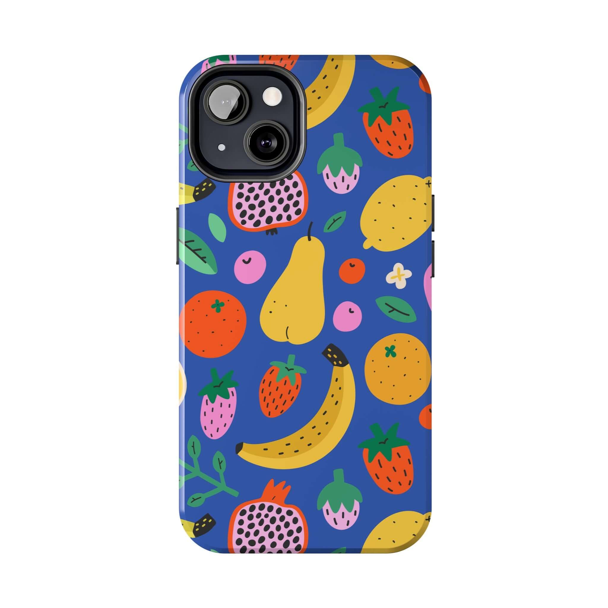 Cute phone cover featuring a colorful beachy fruit design on a blue background, perfect for Apple iPhone.