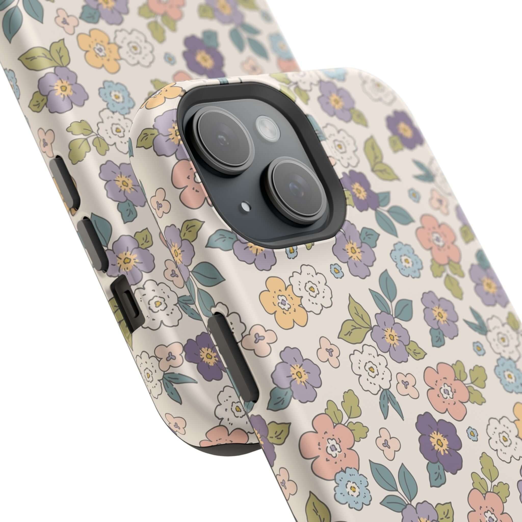 Colorful floral iPhone case featuring daisies and pastel flowers, perfect cute phone cover for a beachy vibe.