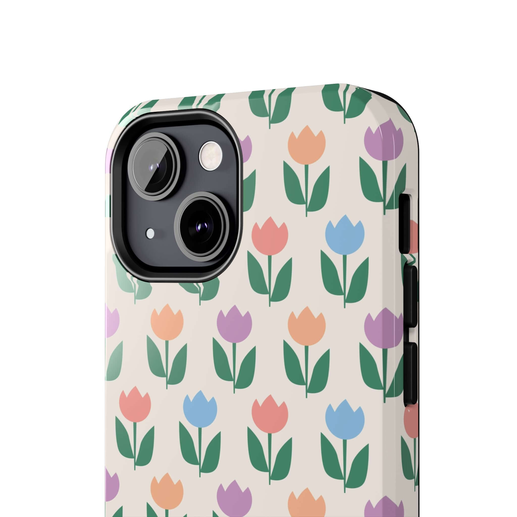 Vibrant floral tulip phone case for iPhone 14 Pro Max, featuring colorful tulips and flowers in a fun, playful design.