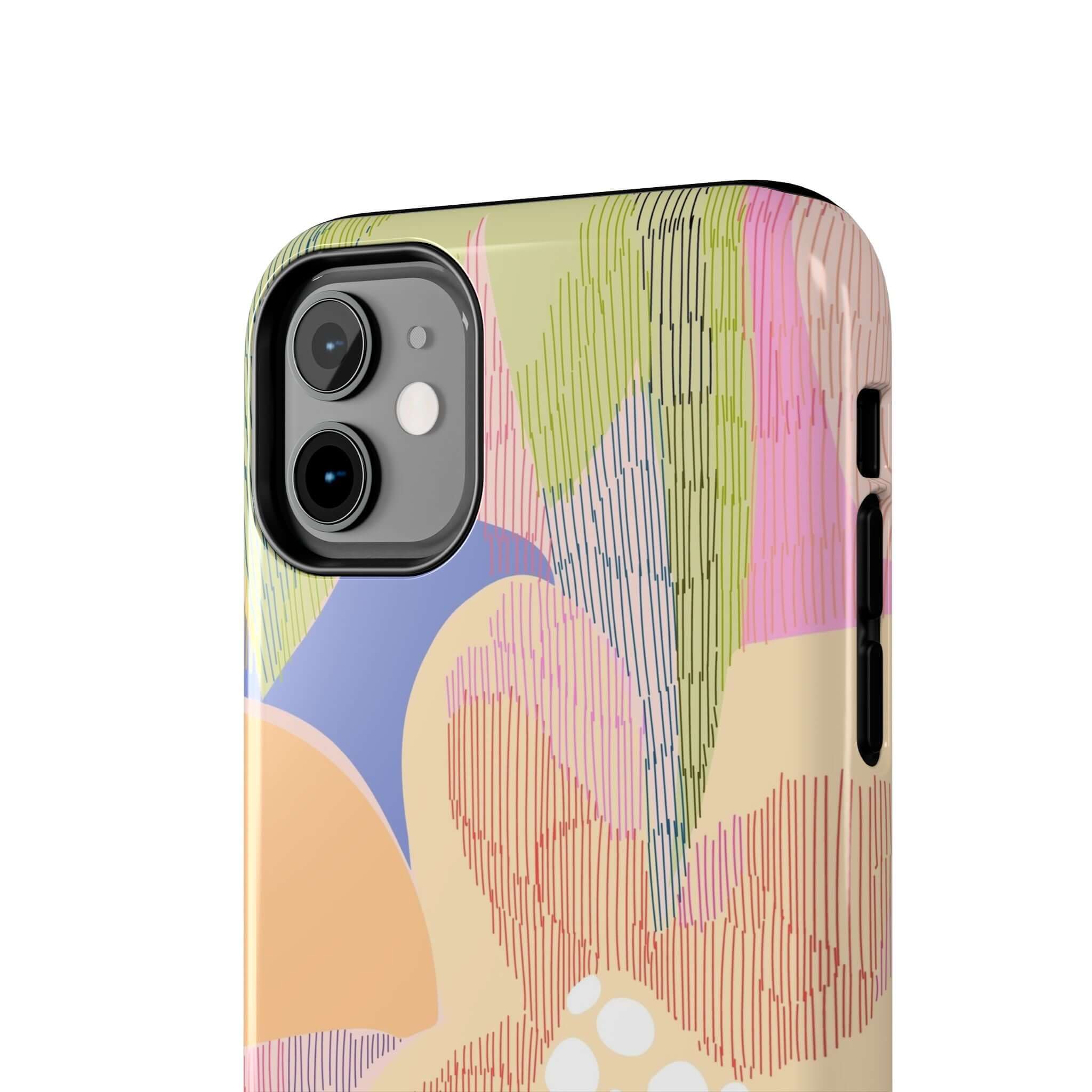 Colorful abstract floral iPhone case with palm tree design for iPhone 14 Pro Max and Samsung S23 in vibrant orange, pink, green, and blue.