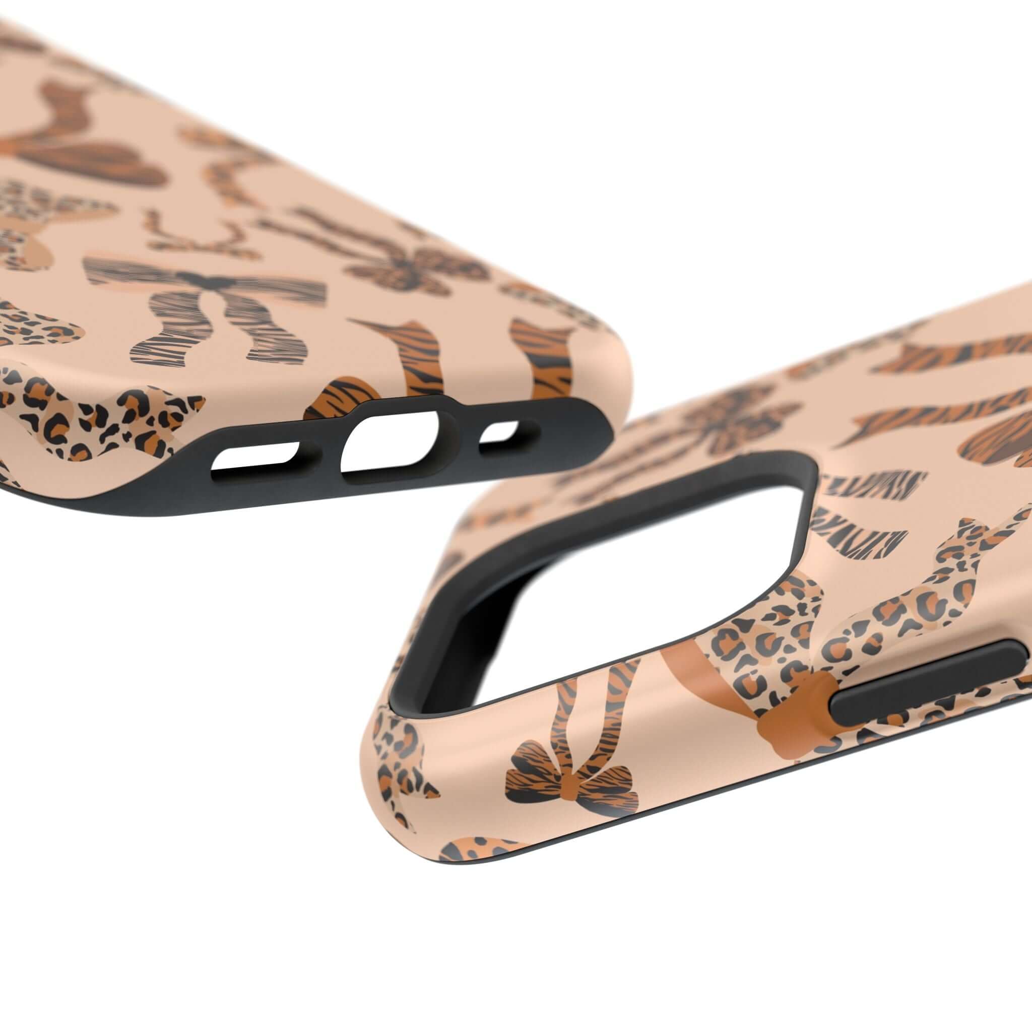 Colorful iPhone case with cute coquette bows and a fierce leopard pattern, showcasing a playful and abstract design.