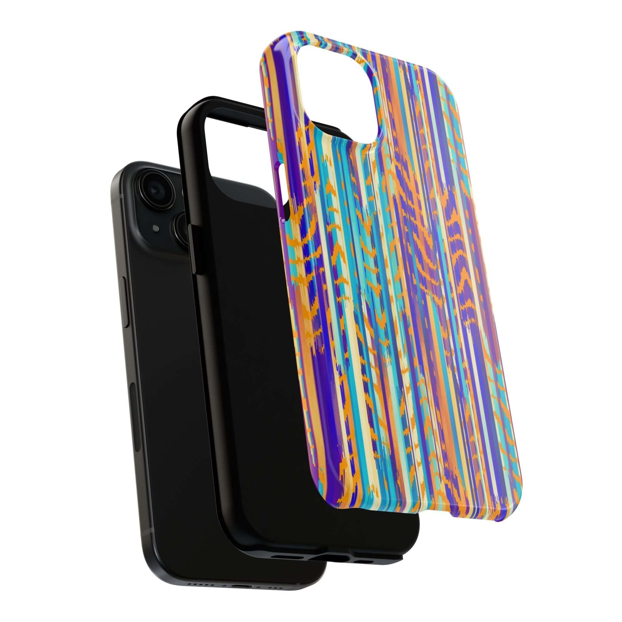 Colorful and cute abstract iPhone case with vibrant tie dye design in blue, orange, and purple, showcasing a fun, protective phone cover.