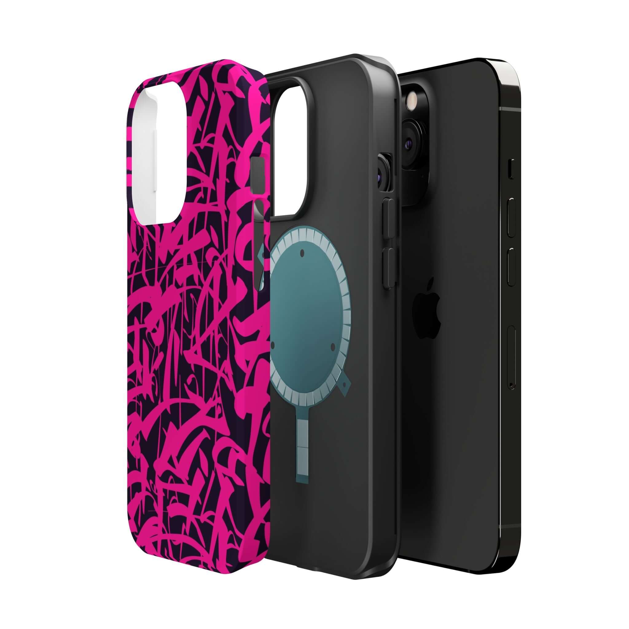 Colorful Midnight Pop pink phone case alongside sleek black cases, showcasing unique art designs for iPhone protection.