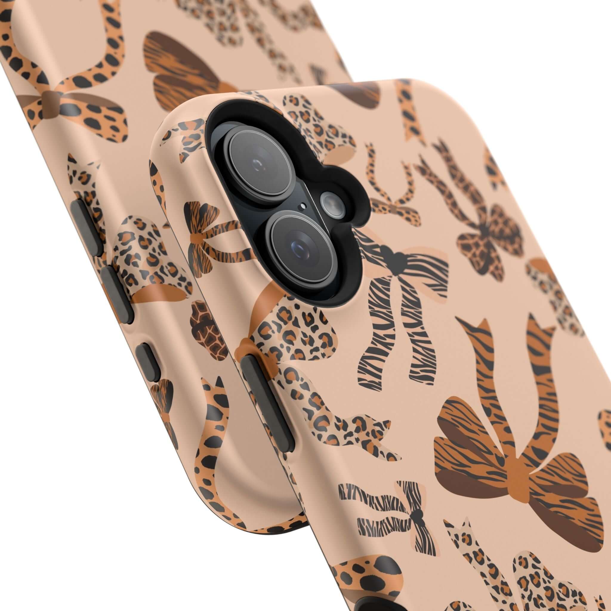 Leopard pattern iPhone case with cute bows, Safari Coquette style, colorful and abstract design, perfect for a wild and fun look.