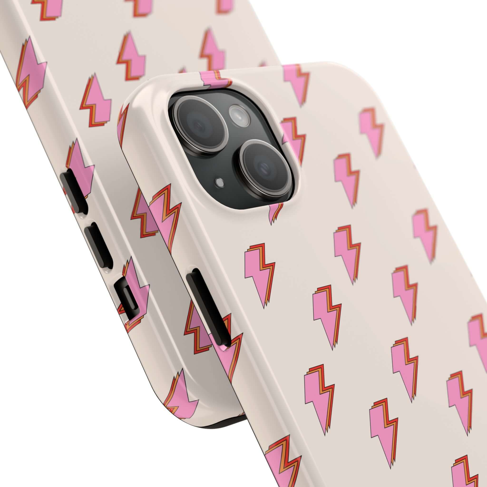 Cute iPhone 14 and 15 case with pink lightning bolts, stylish retro design for phone protection and free shipping.