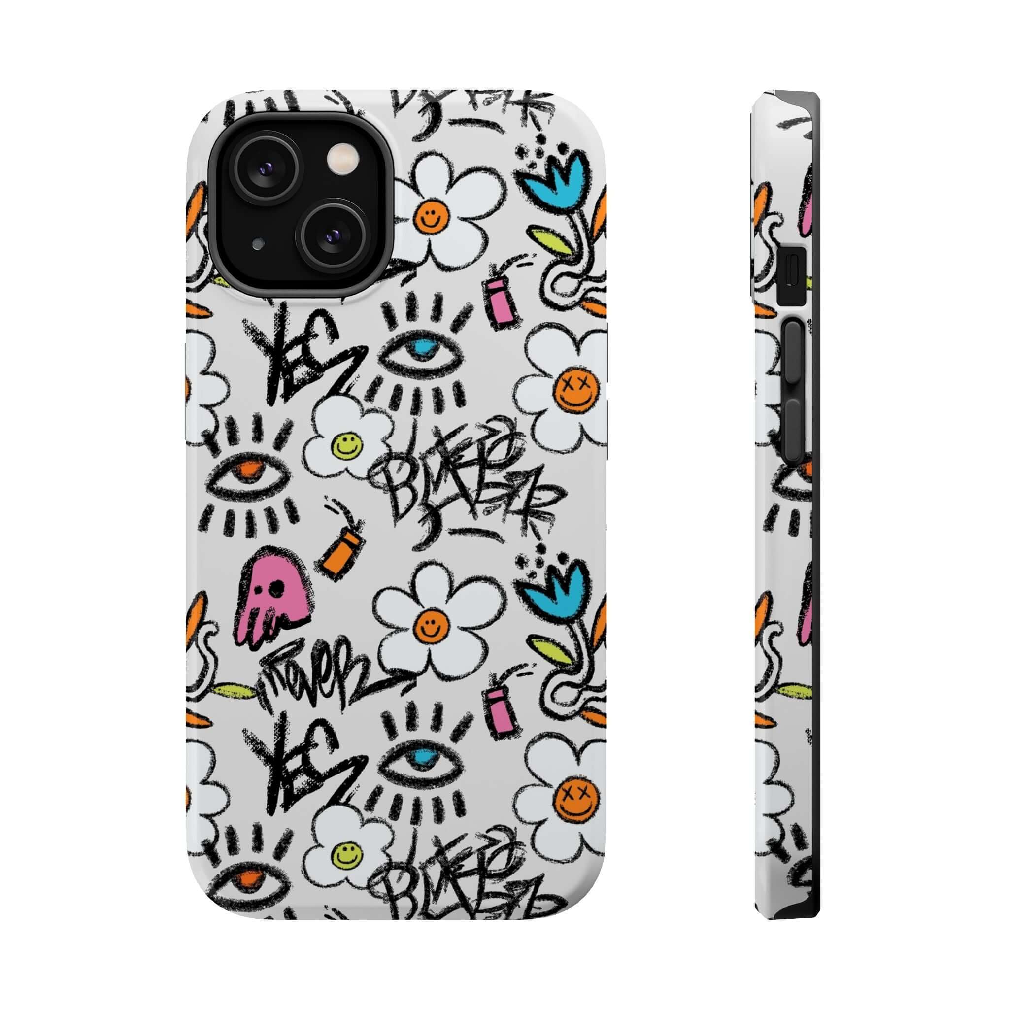 Vibrant Happy Chaos Floral Graffiti Case for iPhone, featuring cute designs and MagSafe technology for style and protection.