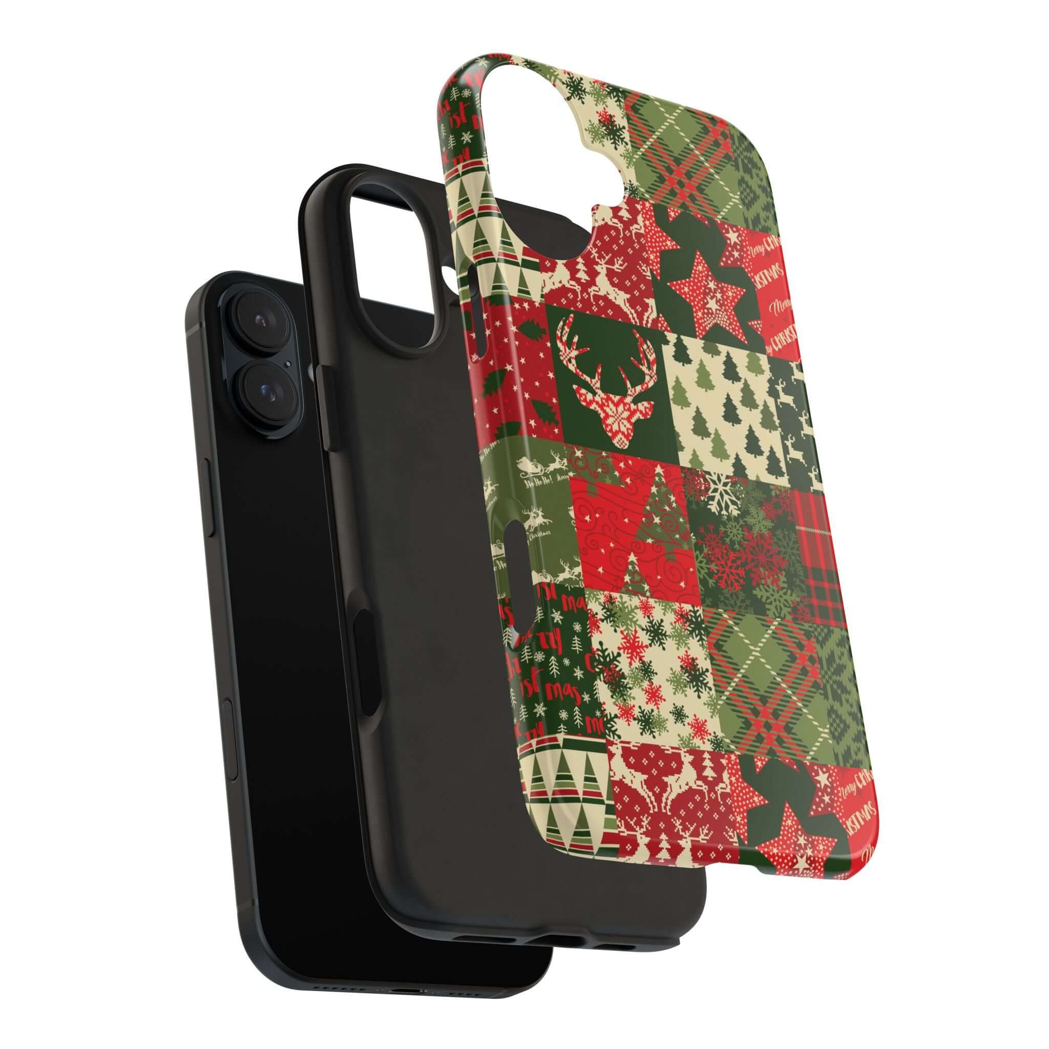 Cute iPhone case with festive holiday design, featuring Christmas trees, reindeer, and snowflakes on a green and red pattern.