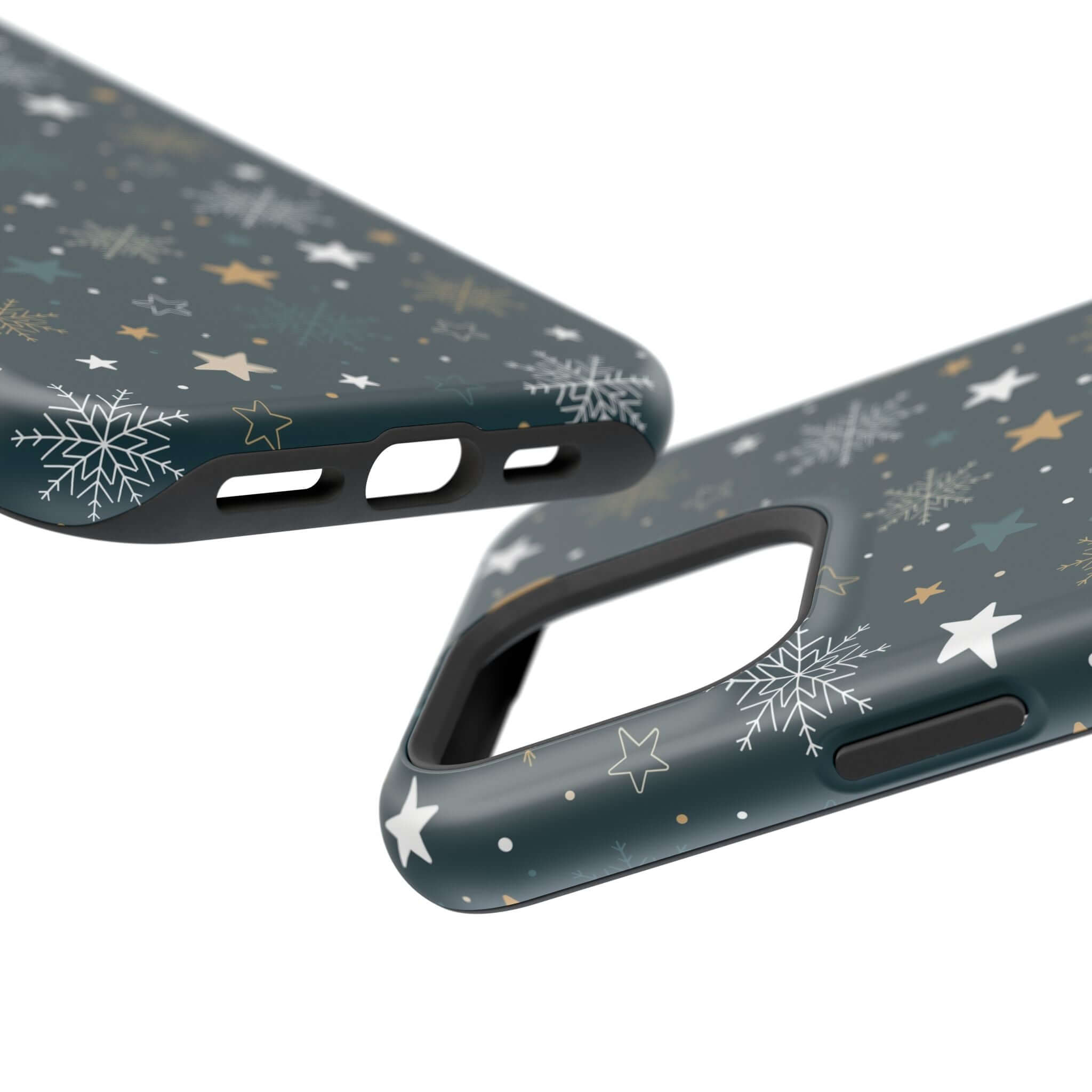 Festive Frosted Wishes MagSafe phone case with snowflakes, stars in grey and gold, perfect for Christmas and holiday season.