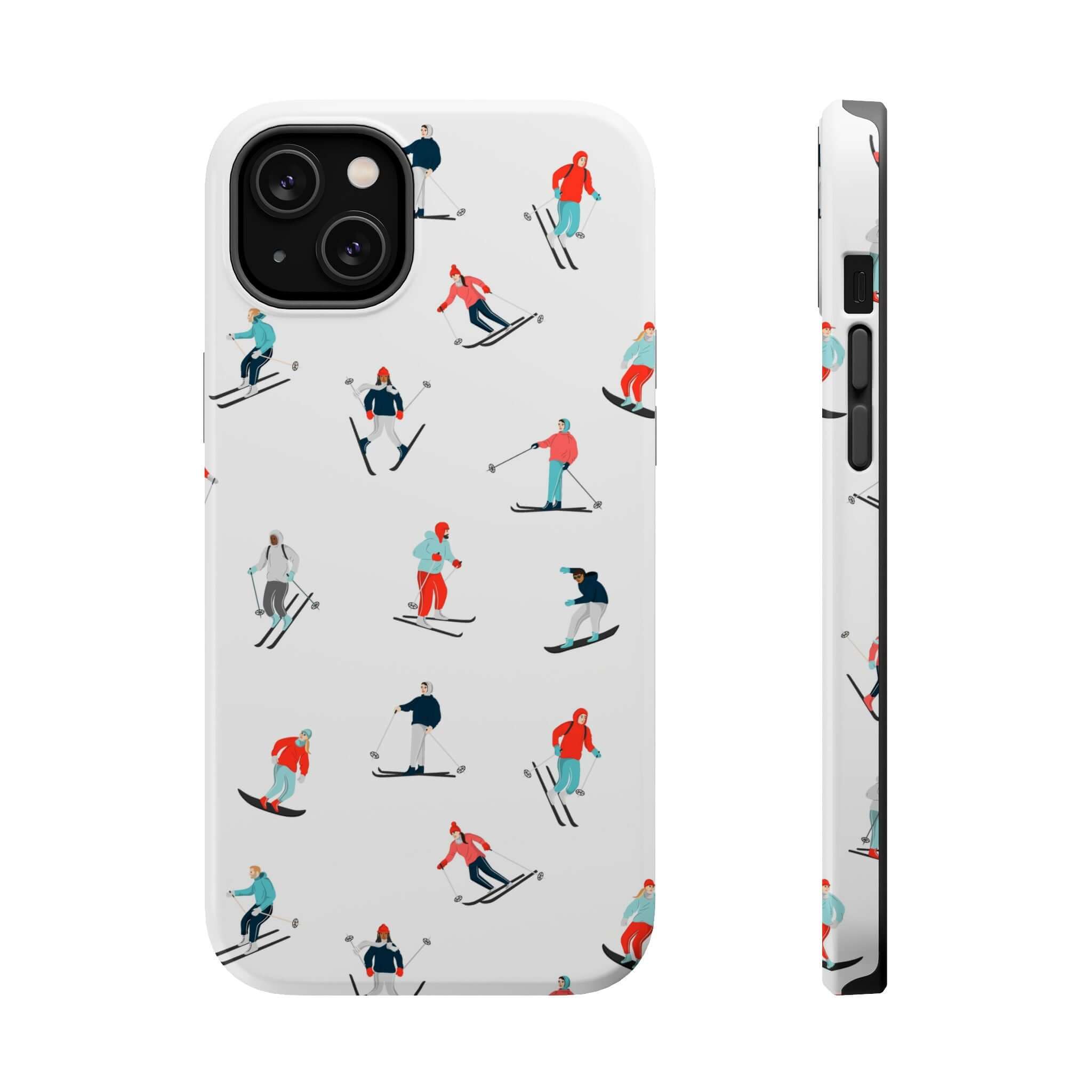 Cute phone cover featuring skiers in action, perfect winter skiing case for iPhone lovers and sports enthusiasts.