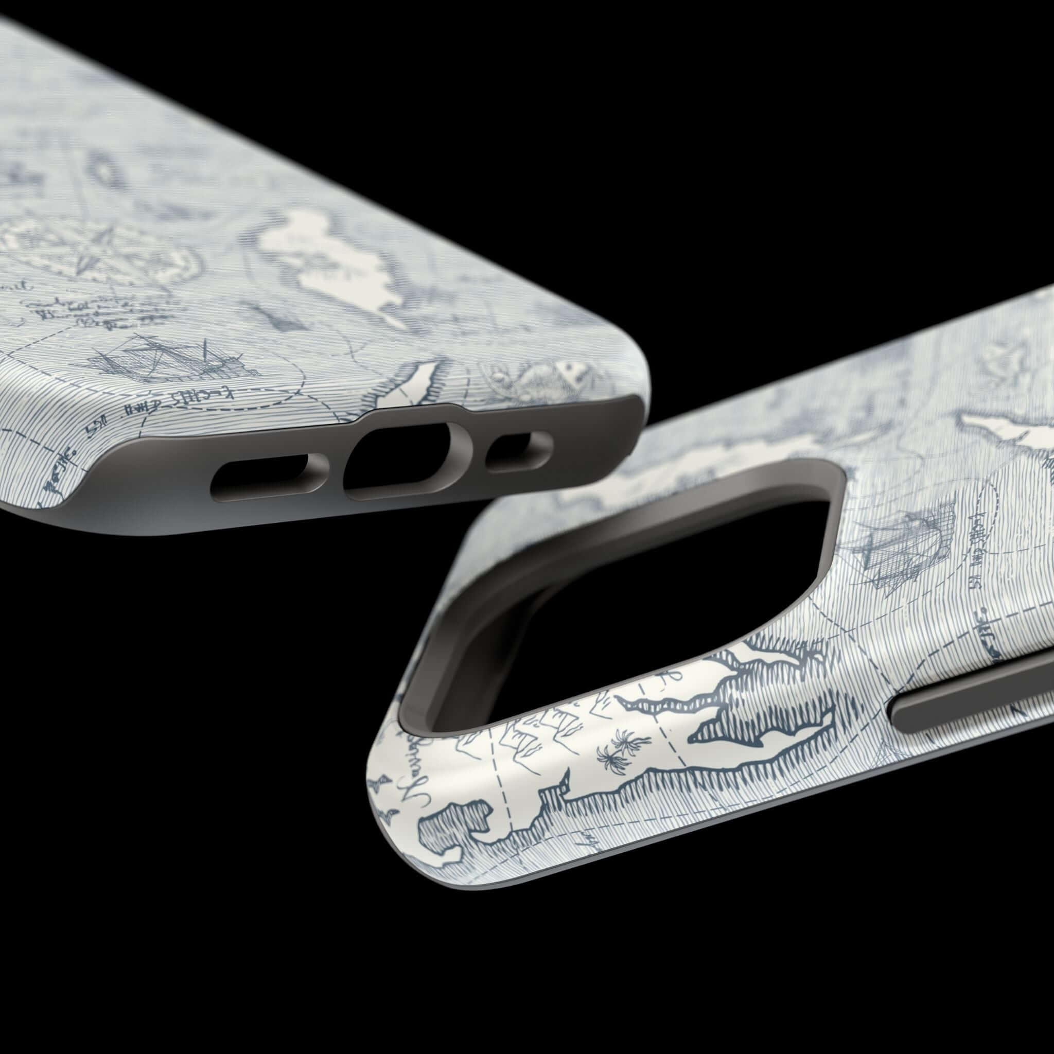 Close-up of Pirates Passageway Nautical Map Case for iPhone 14 Pro Max, showcasing detailed design and MagSafe compatibility.