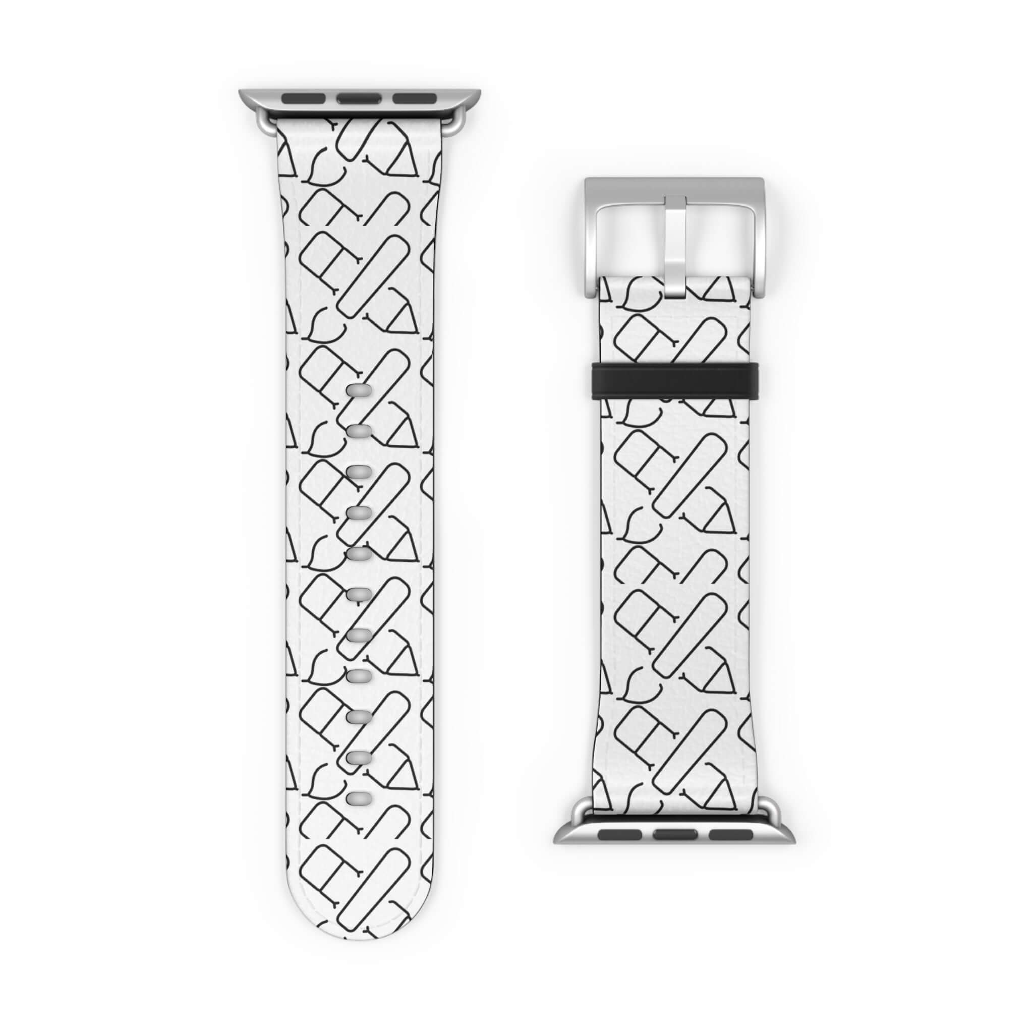 Personalized Apple Watch band with unique black and white geometric pattern design. Perfect customizable tech accessory or gift.