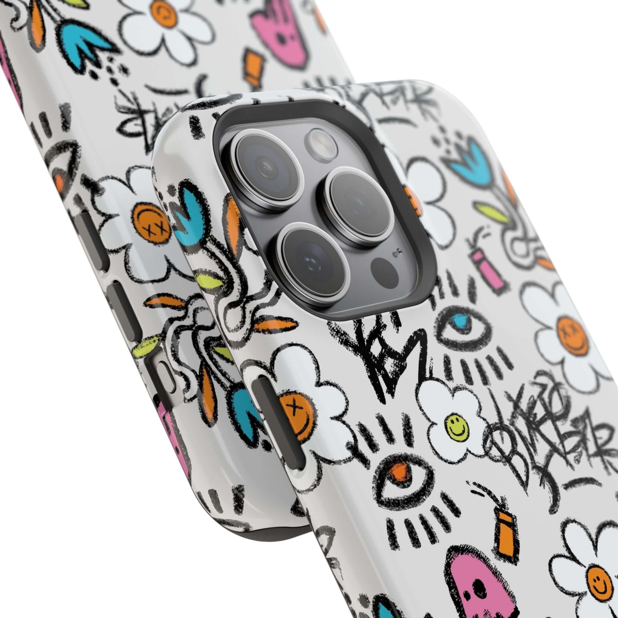 Cute phone cover featuring vibrant floral graffiti for iPhone, showcasing playful designs and MagSafe technology.