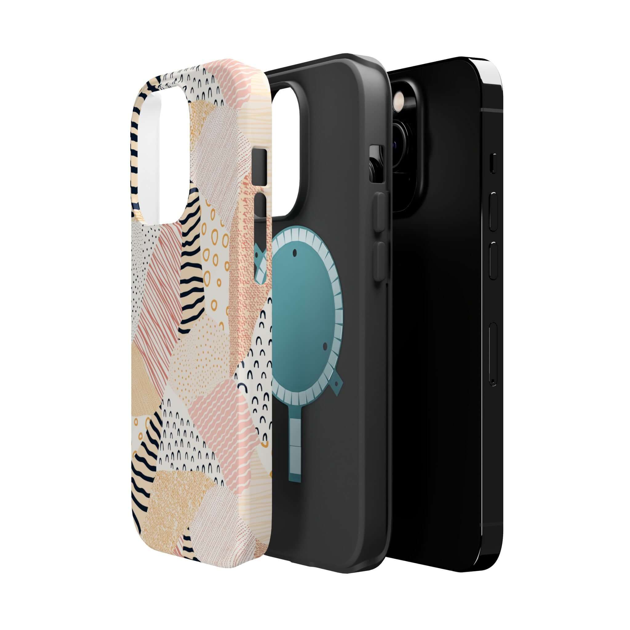 Cute pastel patchwork phone case for iPhone 16 with vibrant colors and peach tones, enhancing your phone's appearance.