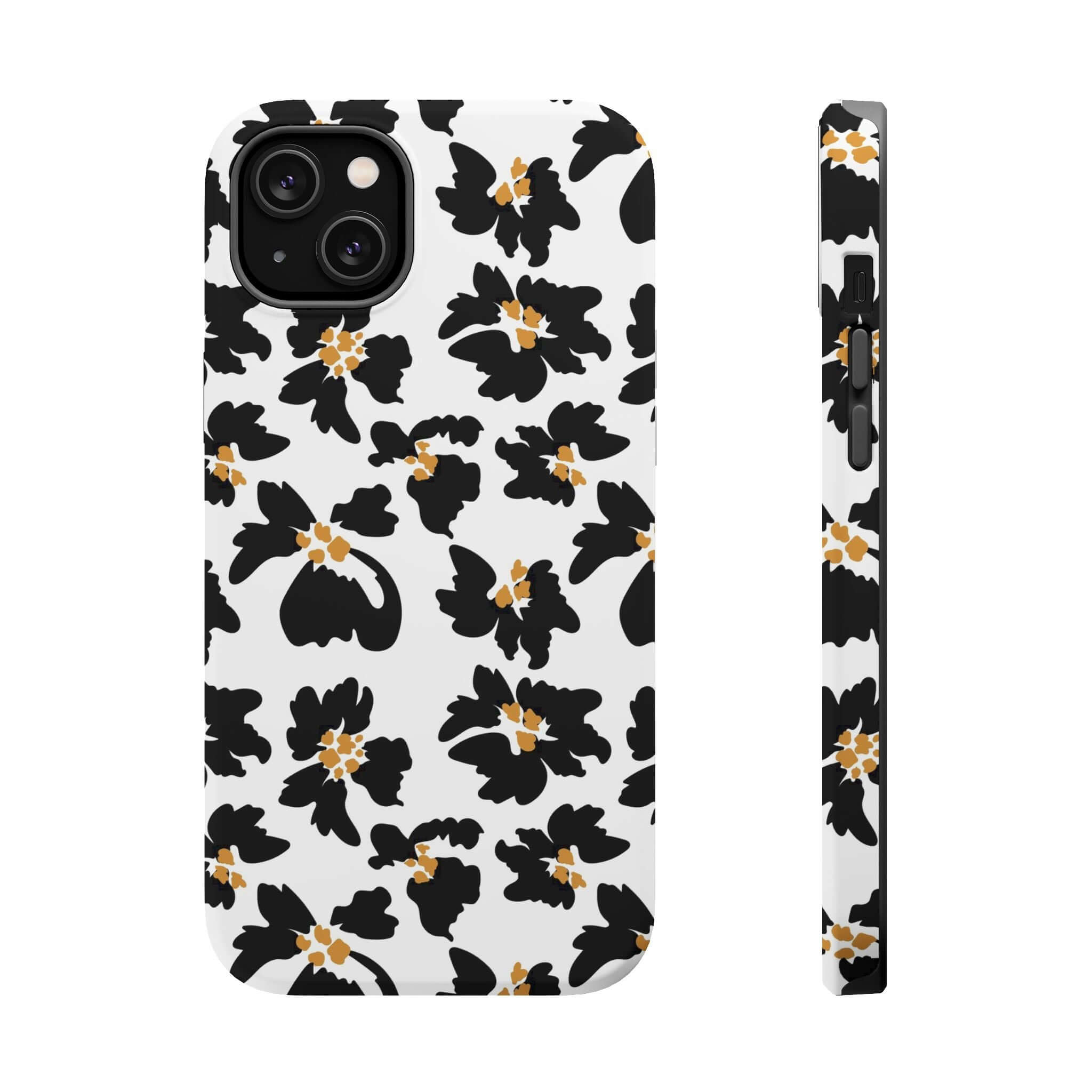 Modern phone case with black floral pattern, perfect cute MagSafe case for iPhone. Stylish Noir Flora design with animal print elements.